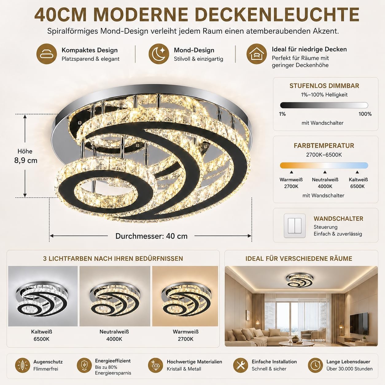Moderne kroonluchter met kristallen led-plafondlamp, lichtkleur veranderbaar, maanvormig, rond, inbouw, hanglamp voor woonkamer, slaapkamer, keuken (meerkleurig)