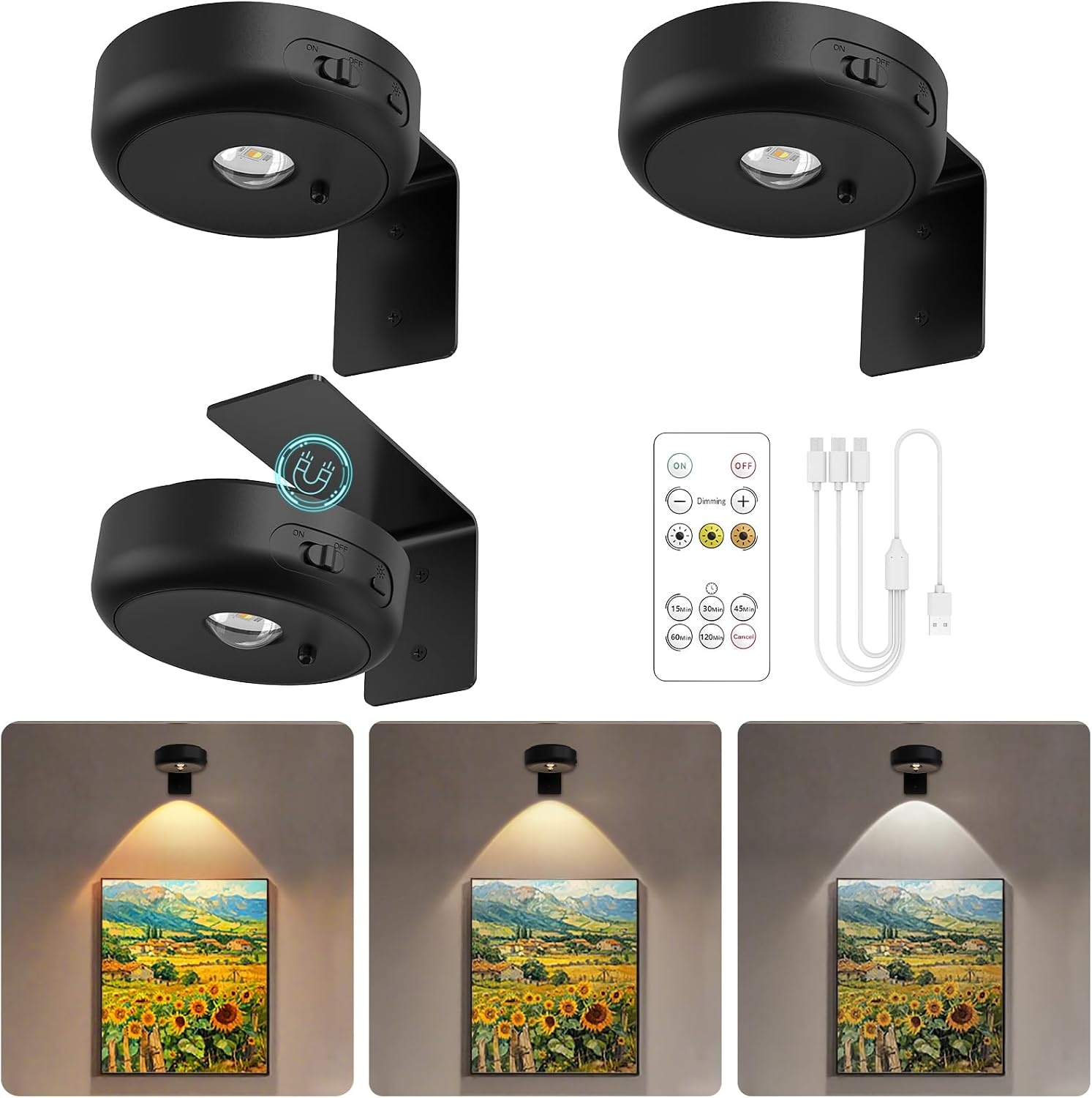 GOODEA Draadloze beeldspot dimbaar met afstandsbediening en timer, 3 st. | 2200mAh oplaadbare LED-spot, 3 kleuren, beeldverlichting voor wandkunst, vitrines & Halloween. - Maat set van 3