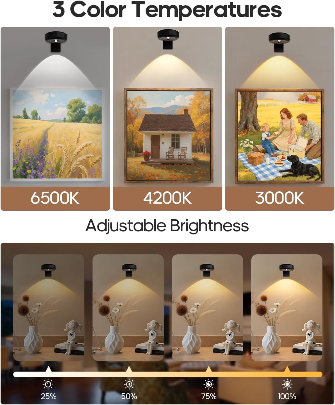 GOODEA Draadloze beeldspot dimbaar met afstandsbediening en timer, 3 st. | 2200mAh oplaadbare LED-spot, 3 kleuren, beeldverlichting voor wandkunst, vitrines & Halloween. - Maat set van 3
