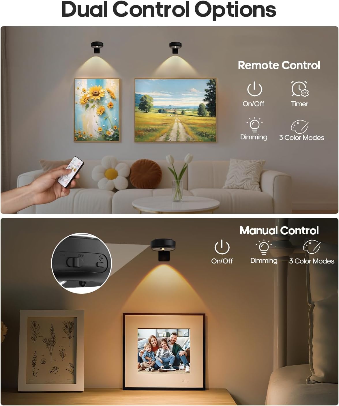 GOODEA Draadloze beeldspot dimbaar met afstandsbediening en timer, 3 st. | 2200mAh oplaadbare LED-spot, 3 kleuren, beeldverlichting voor wandkunst, vitrines & Halloween. - Maat set van 3
