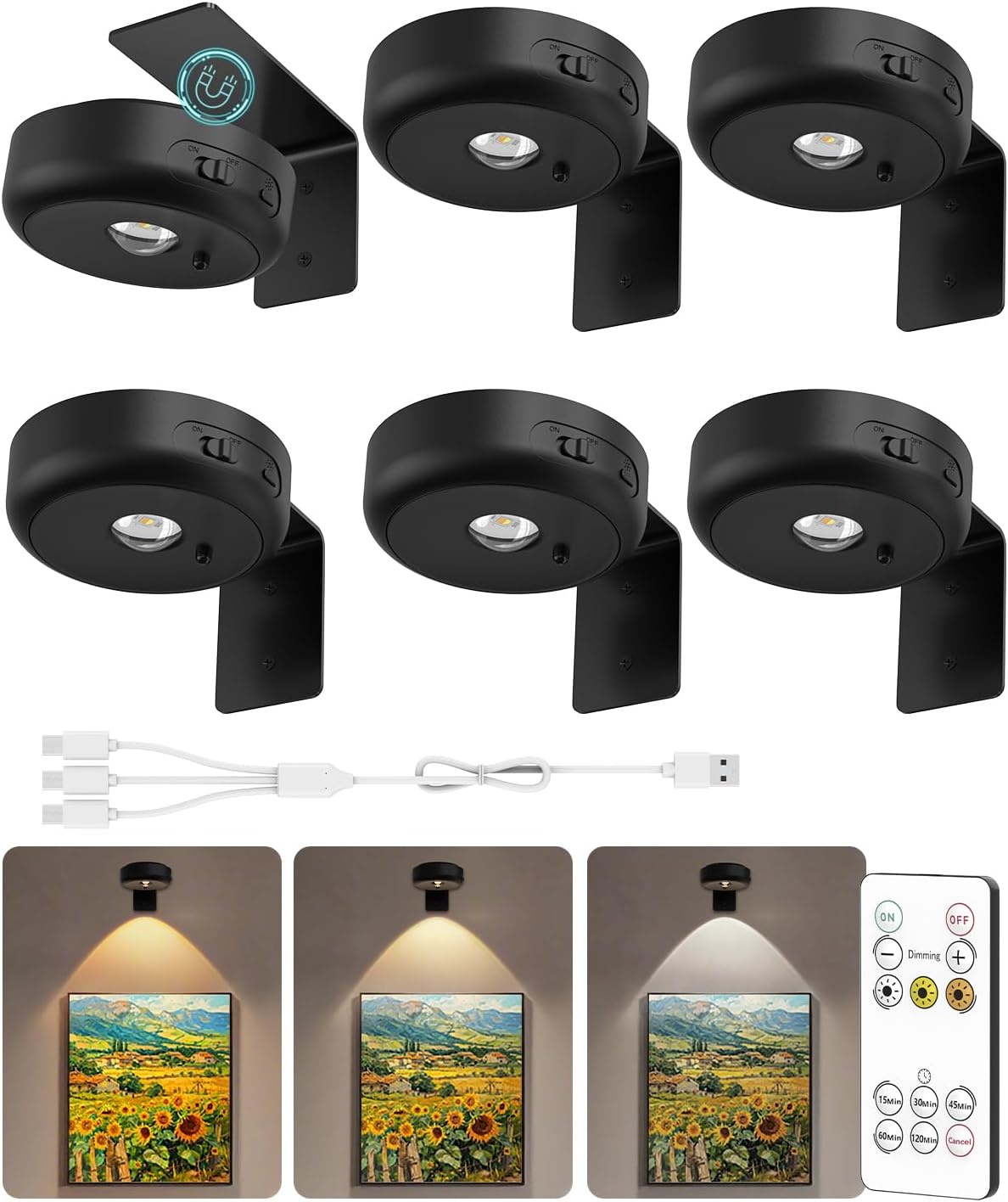GOODEA Draadloze beeldspot dimbaar met afstandsbediening en timer, 3 st. | 2200mAh oplaadbare LED-spot, 3 kleuren, beeldverlichting voor wandkunst, vitrines & Halloween. - Maat set van 3
