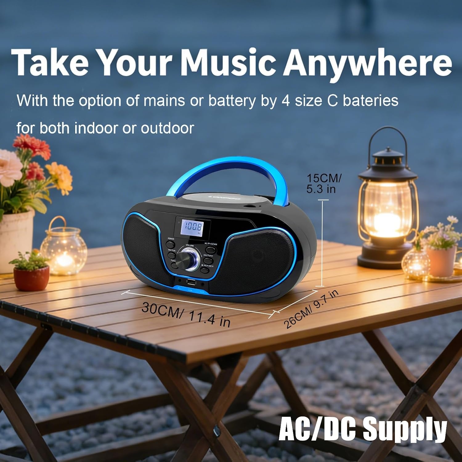 LONPOO D02 Draagbare cd-speler voor kinderen – radio CD Boombox met FM-radio, Bluetooth, USB-ingang, AUX-aansluiting en hoofdtelefoonuitgang, stereo luidsprekers