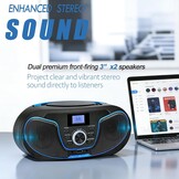 LONPOO D02 Draagbare cd-speler voor kinderen – radio CD Boombox met FM-radio, Bluetooth, USB-ingang, AUX-aansluiting en hoofdtelefoonuitgang, stereo luidsprekers