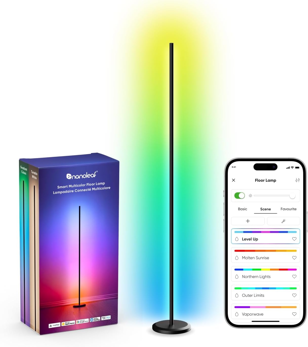 Nanoleaf Matter Smart vloerlamp woonkamer, staande lamp met heldere en dichte RGBIC LED's, slaapkamer hoek sfeerlicht muzieksynchronisatie, 200+ dynamische scènes, app en spraakbesturing (werkt met