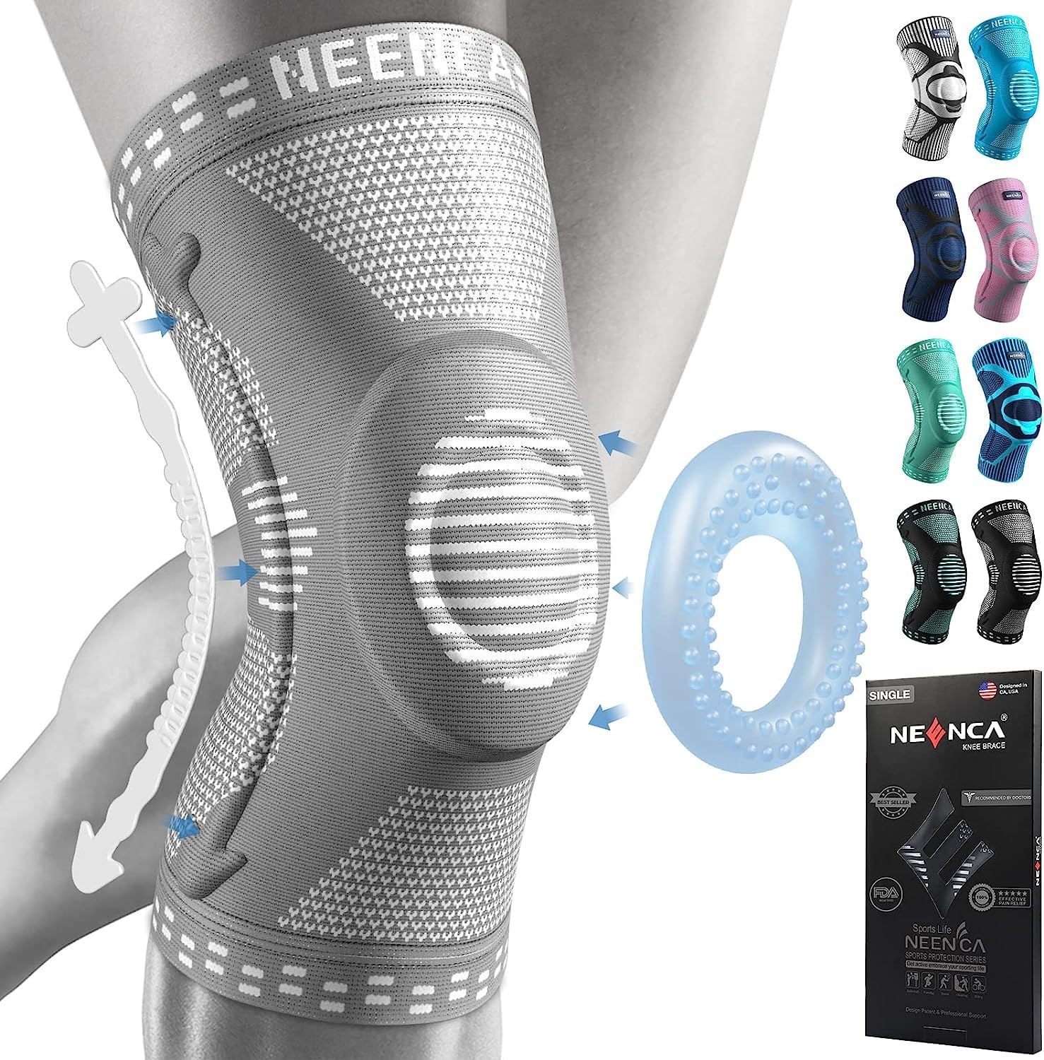 Kniebrace XL Donkergrijs met Patella Gel Pads & Veer Stabilisatoren | 58% Korting