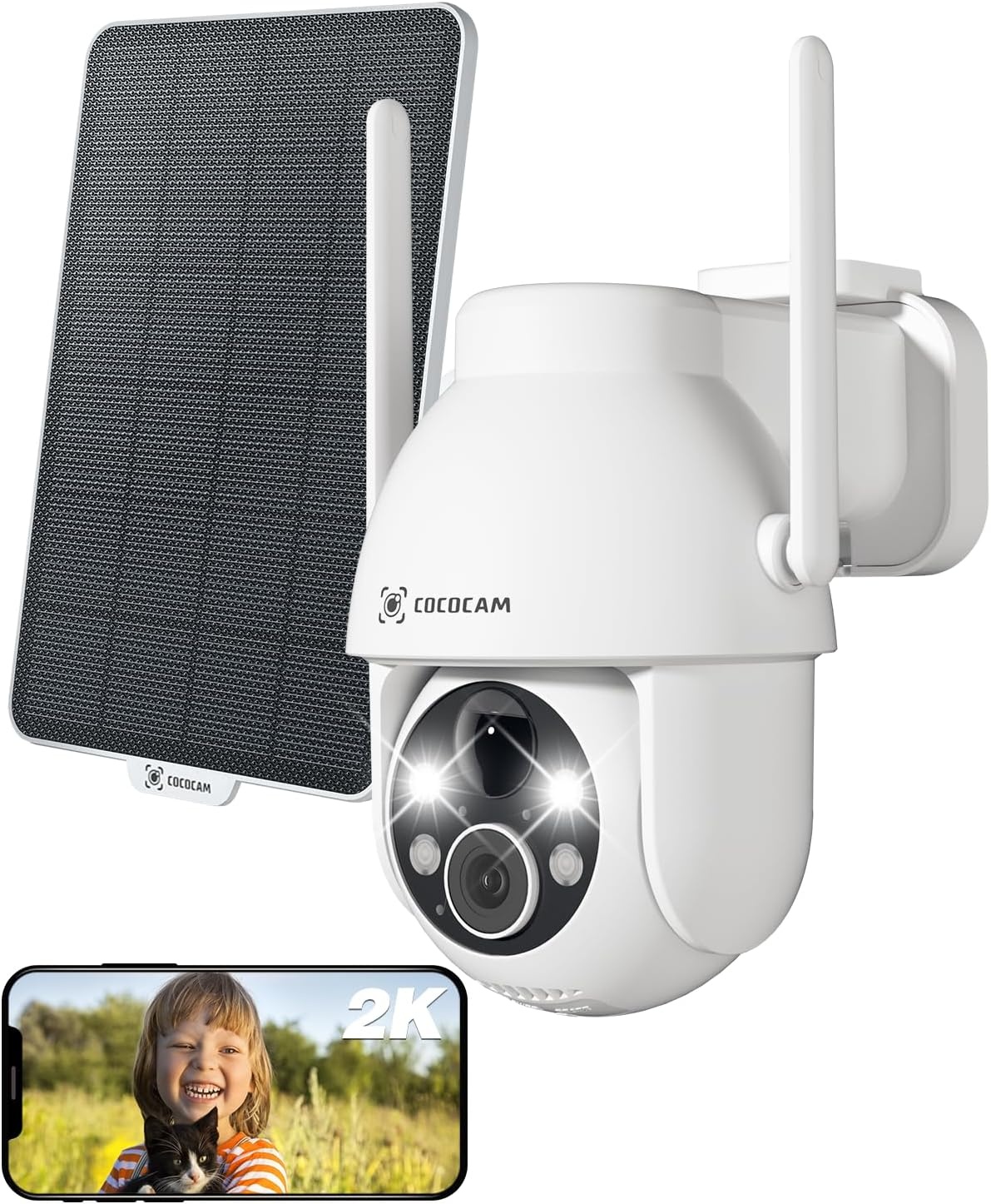 Cococam 2K Zonne Bewakingscamera Buiten, Draadloze PTZ WLAN Camera Buiten, Solar Security Camera met AI Bewegingsdetectie, Kleuren nachtzicht, 2-weg Audio, Direct Alarm, 2.4Ghz WiFi, SD/Cloud, IP66