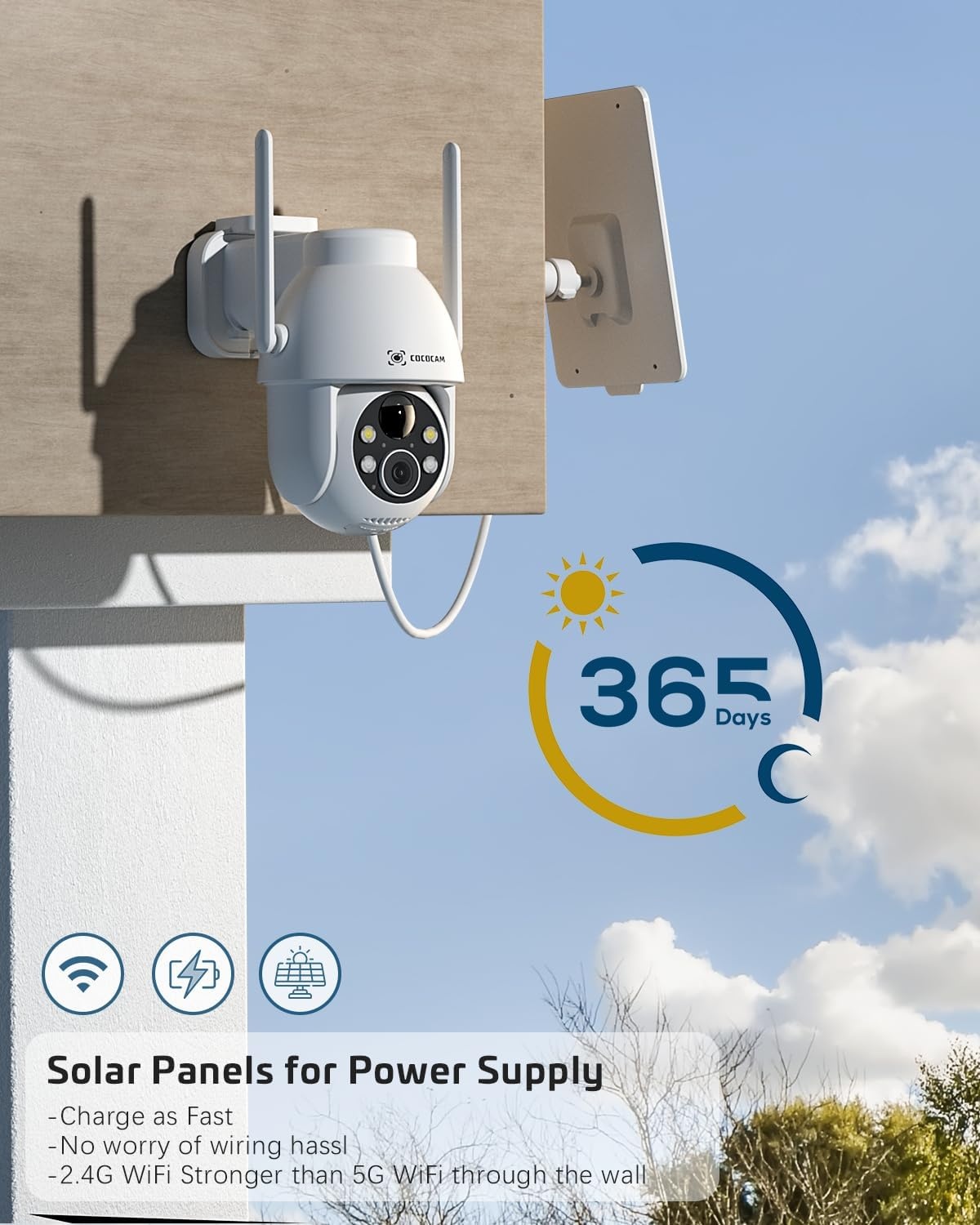 Cococam 2K Zonne Bewakingscamera Buiten, Draadloze PTZ WLAN Camera Buiten, Solar Security Camera met AI Bewegingsdetectie, Kleuren nachtzicht, 2-weg Audio, Direct Alarm, 2.4Ghz WiFi, SD/Cloud, IP66
