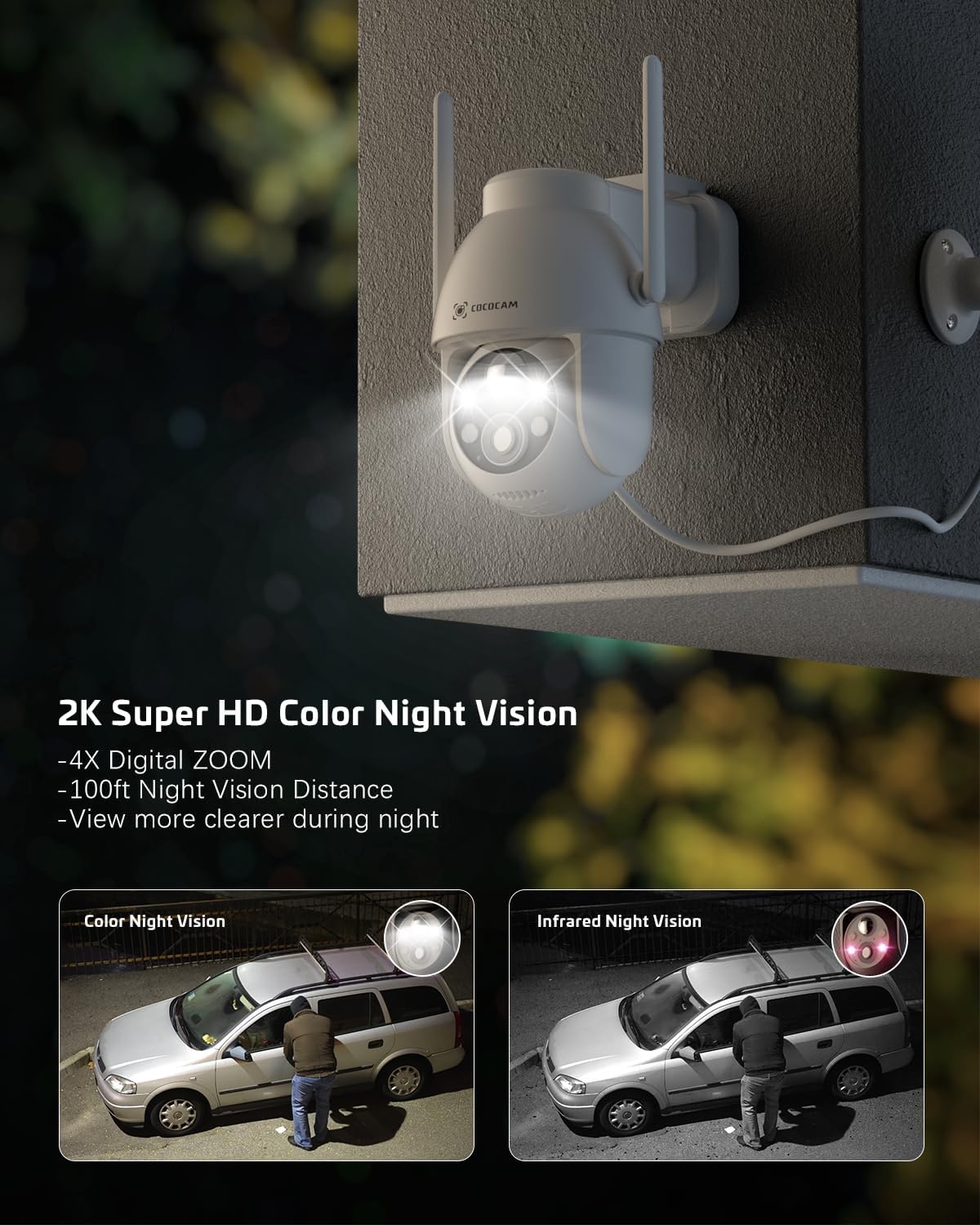 Cococam 2K Zonne Bewakingscamera Buiten, Draadloze PTZ WLAN Camera Buiten, Solar Security Camera met AI Bewegingsdetectie, Kleuren nachtzicht, 2-weg Audio, Direct Alarm, 2.4Ghz WiFi, SD/Cloud, IP66