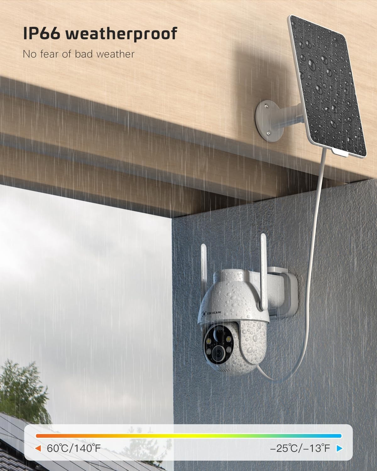 Cococam 2K Zonne Bewakingscamera Buiten, Draadloze PTZ WLAN Camera Buiten, Solar Security Camera met AI Bewegingsdetectie, Kleuren nachtzicht, 2-weg Audio, Direct Alarm, 2.4Ghz WiFi, SD/Cloud, IP66