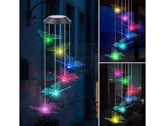 Windgong op zonne-energie, vlinder, kleurverandering, led, op zonne-energie, waterdicht, voor binnen en buiten, decoratie voor tuin, feest, terras, gazon, binnenplaats, veranda, terras
