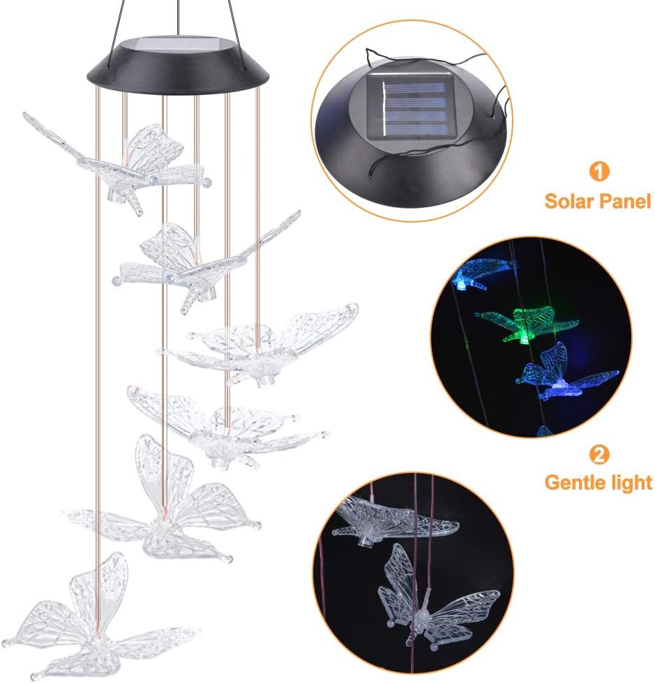 Windgong op zonne-energie, vlinder, kleurverandering, led, op zonne-energie, waterdicht, voor binnen en buiten, decoratie voor tuin, feest, terras, gazon, binnenplaats, veranda, terras