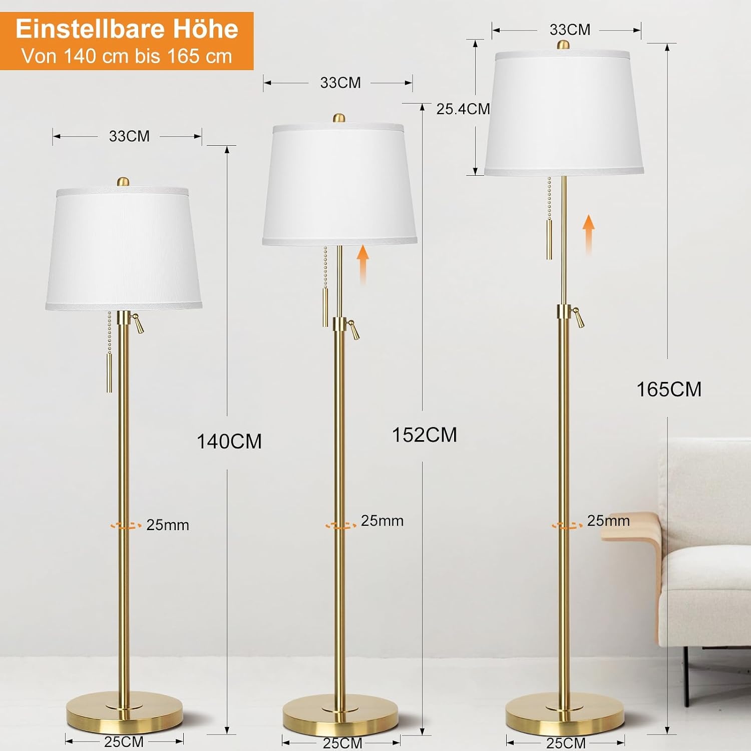 Vloerlamp Goud 140-165cm | Verstelbaar | 3 Kleuren | 29% Korting