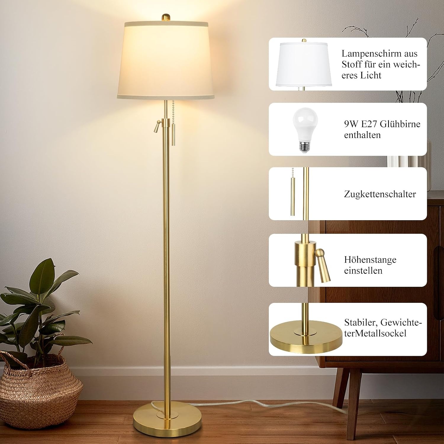 Vloerlamp Goud 140-165cm | Verstelbaar | 3 Kleuren | 29% Korting