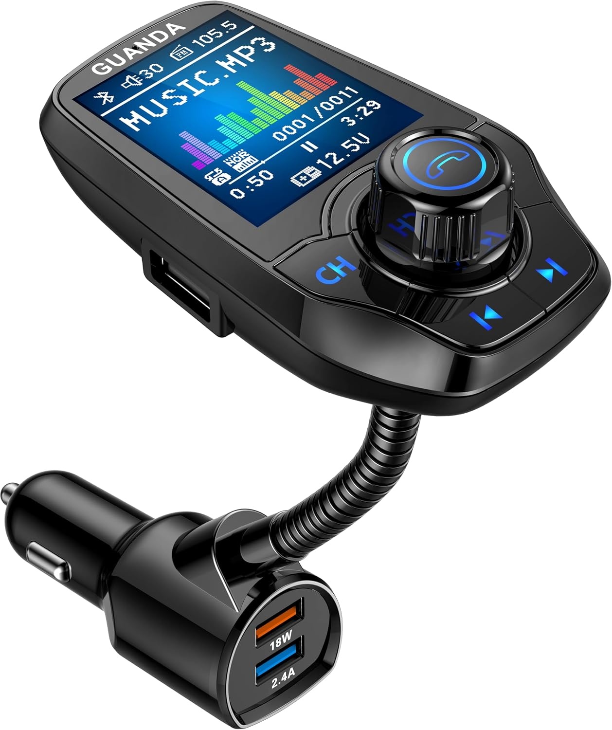 Bluetooth FM-transmitter voor de auto, met 1,8 inch kleurenscherm, bluetooth, handsfree, bluetooth auto-radio-adapter, 4-in-1 MP3-speler, AUX 2 USB-aansluitingen, SD/TF-kaart,