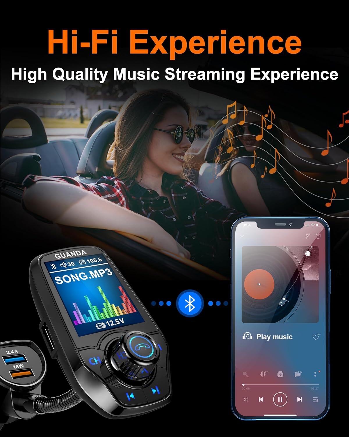 Bluetooth FM-transmitter voor de auto, met 1,8 inch kleurenscherm, bluetooth, handsfree, bluetooth auto-radio-adapter, 4-in-1 MP3-speler, AUX 2 USB-aansluitingen, SD/TF-kaart,
