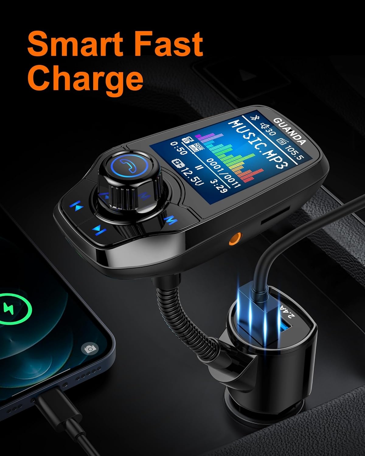 Bluetooth FM-transmitter voor de auto, met 1,8 inch kleurenscherm, bluetooth, handsfree, bluetooth auto-radio-adapter, 4-in-1 MP3-speler, AUX 2 USB-aansluitingen, SD/TF-kaart,