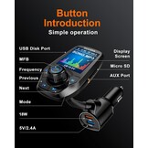 Bluetooth FM-transmitter voor de auto, met 1,8 inch kleurenscherm, bluetooth, handsfree, bluetooth auto-radio-adapter, 4-in-1 MP3-speler, AUX 2 USB-aansluitingen, SD/TF-kaart,