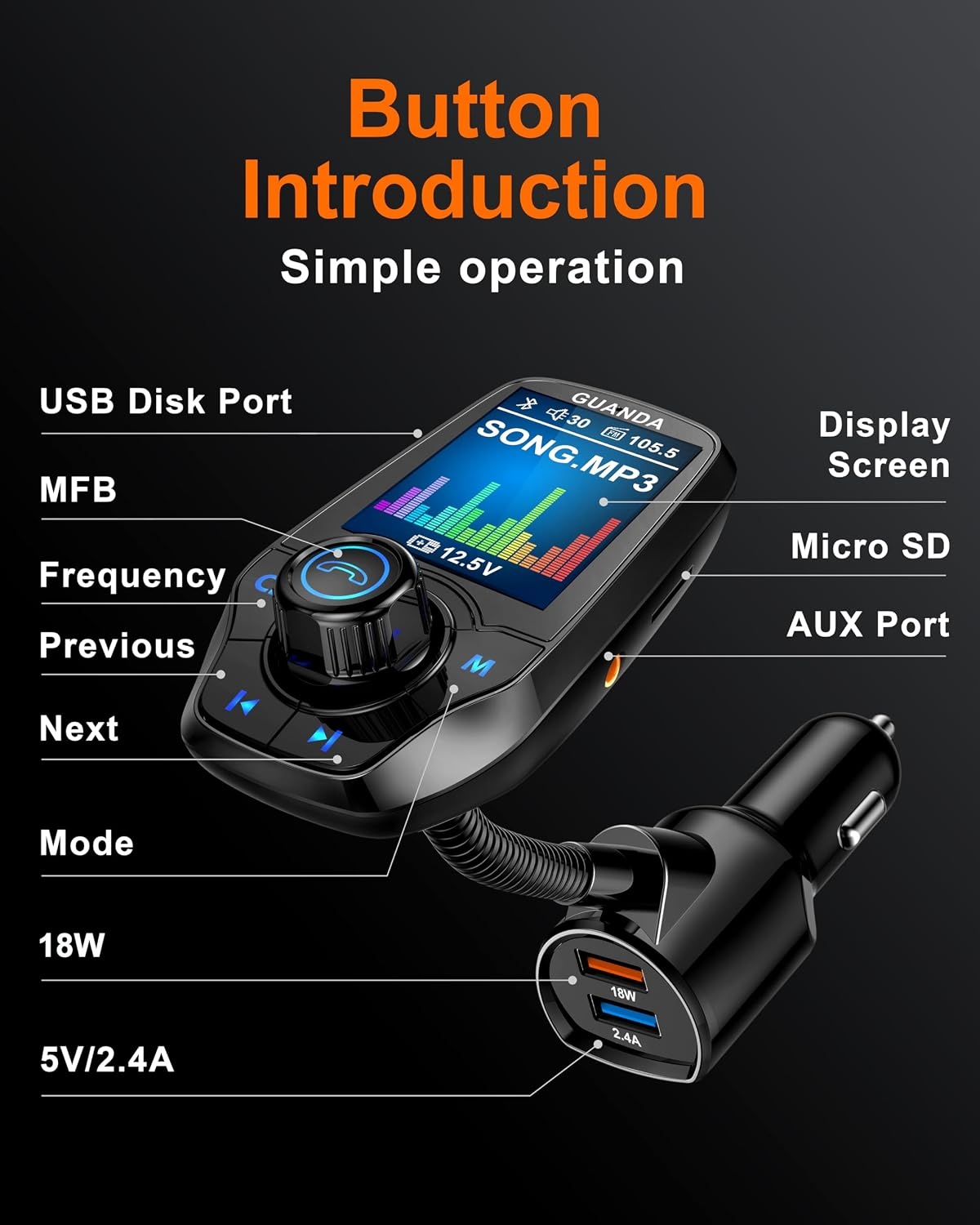 Bluetooth FM-transmitter voor de auto, met 1,8 inch kleurenscherm, bluetooth, handsfree, bluetooth auto-radio-adapter, 4-in-1 MP3-speler, AUX 2 USB-aansluitingen, SD/TF-kaart,