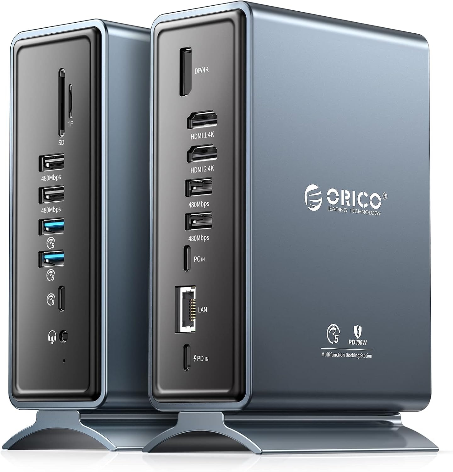 ORICO Dockingstation, 15-in-1 laptop dock dual 4K display, USB-dockingstation met 2 HDMI, 4K DP, 6 USB-A, 100 W PD, RJ45, 3,5 mm audio, SD/TF-kaartlezer, je moet de driver downloaden, grijs