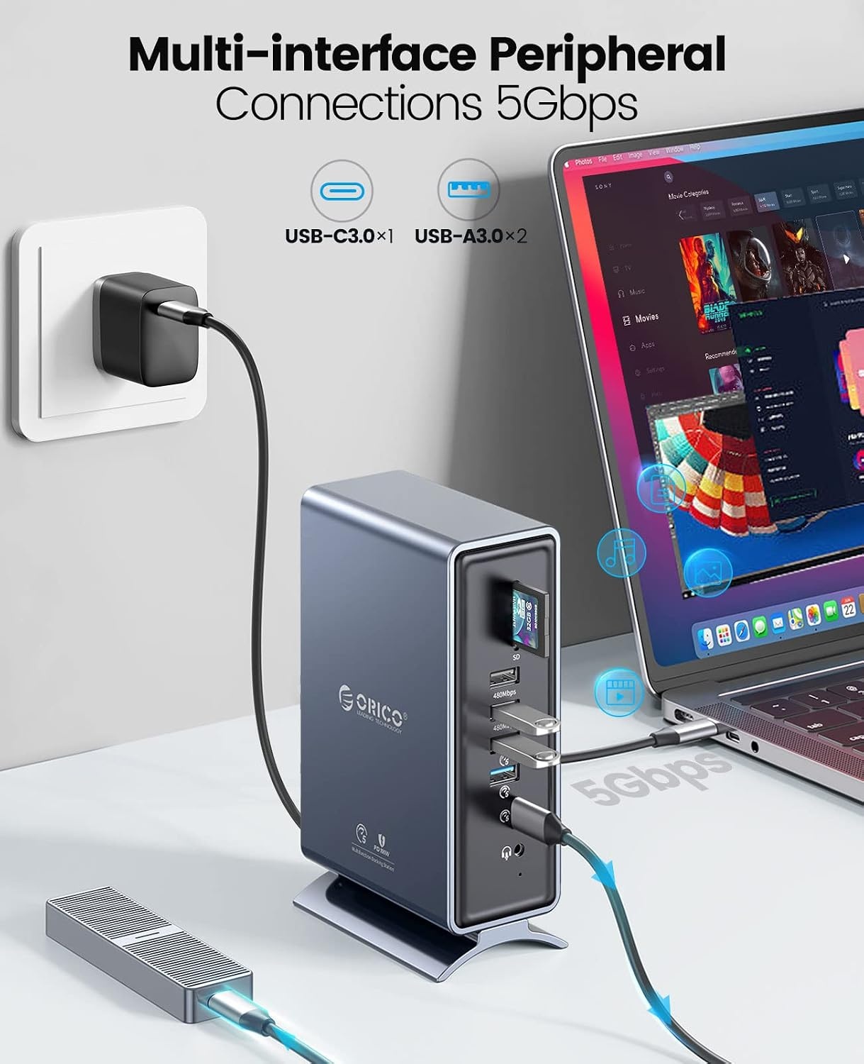 ORICO Dockingstation, 15-in-1 laptop dock dual 4K display, USB-dockingstation met 2 HDMI, 4K DP, 6 USB-A, 100 W PD, RJ45, 3,5 mm audio, SD/TF-kaartlezer, je moet de driver downloaden, grijs