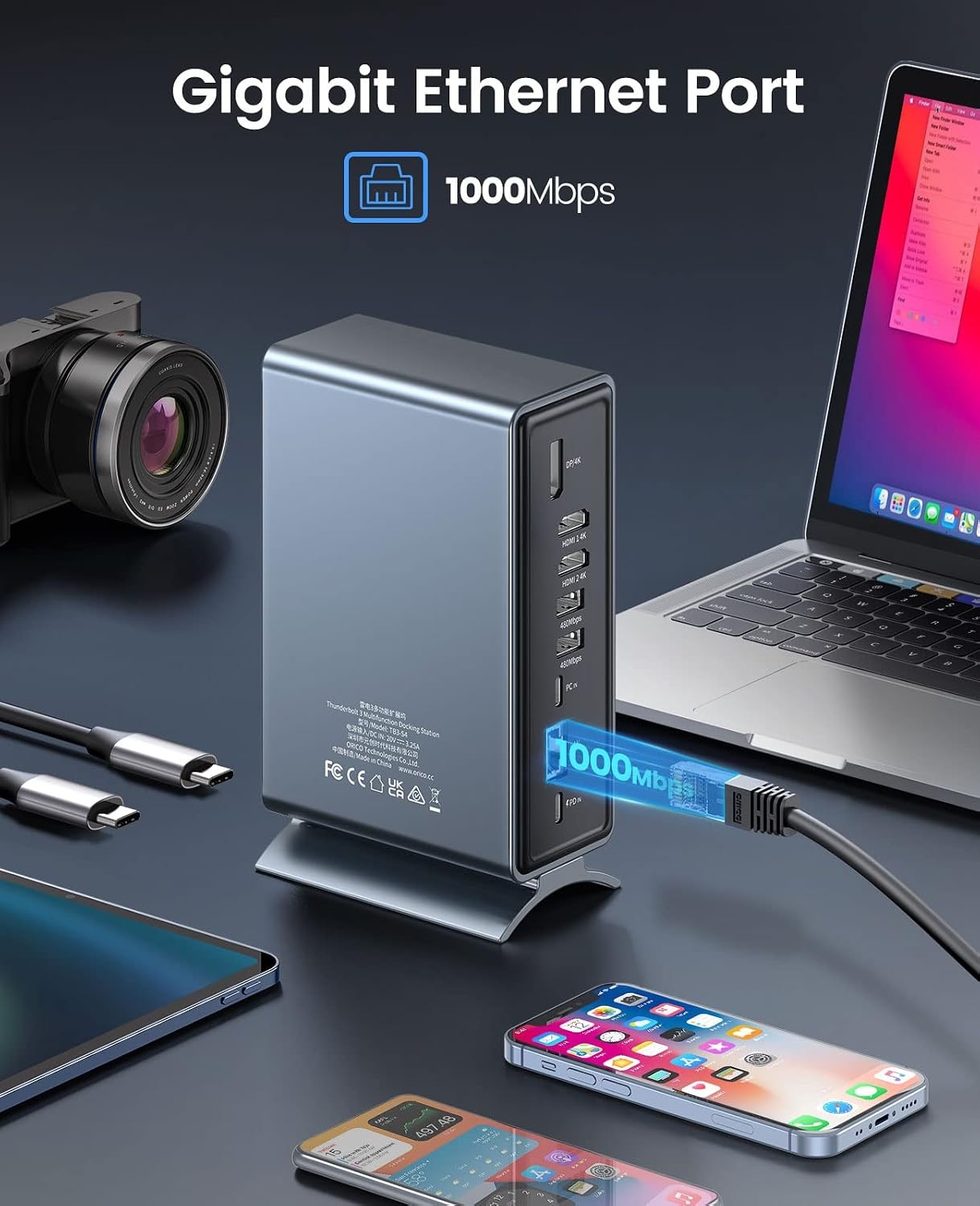 ORICO Dockingstation, 15-in-1 laptop dock dual 4K display, USB-dockingstation met 2 HDMI, 4K DP, 6 USB-A, 100 W PD, RJ45, 3,5 mm audio, SD/TF-kaartlezer, je moet de driver downloaden, grijs