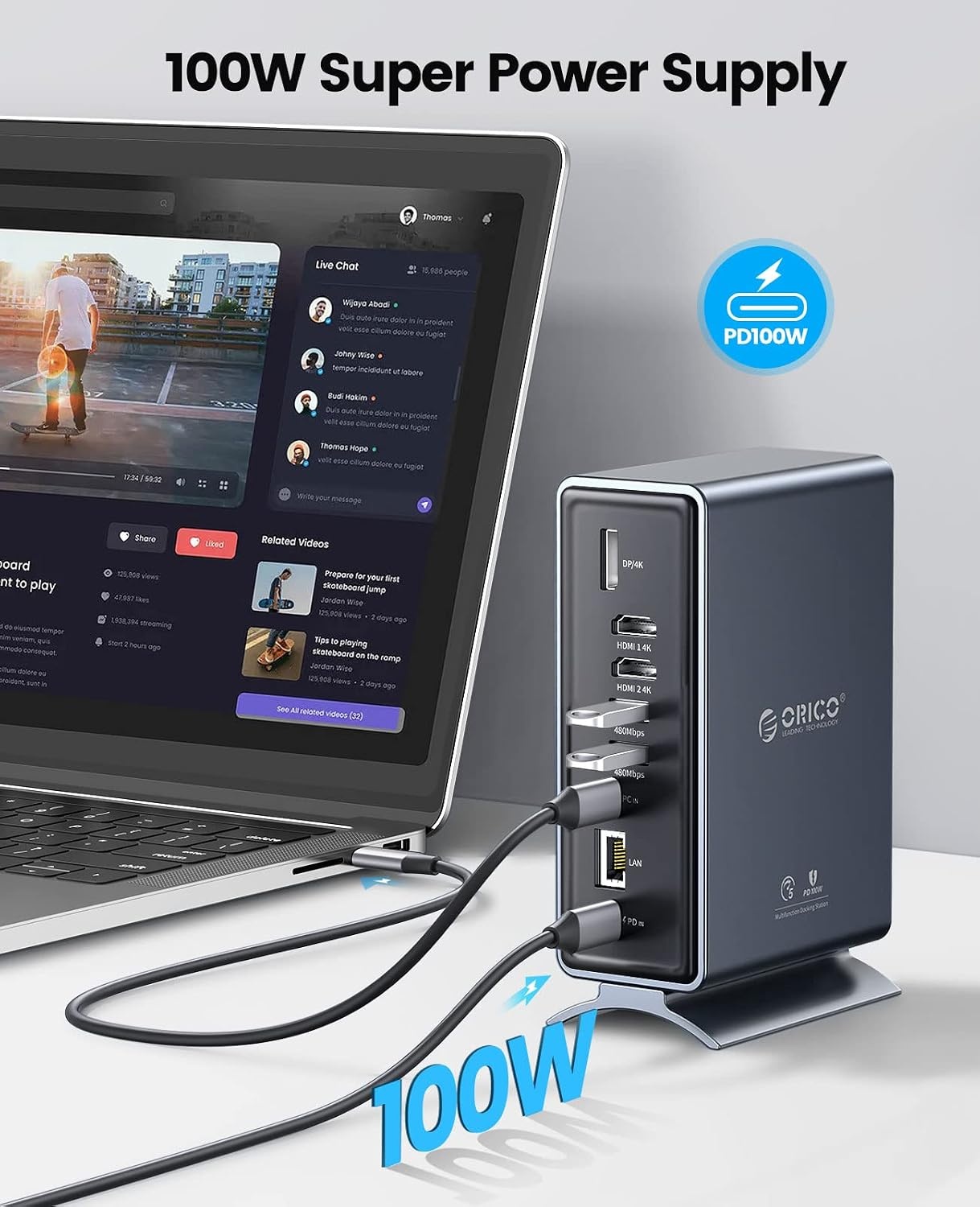 ORICO Dockingstation, 15-in-1 laptop dock dual 4K display, USB-dockingstation met 2 HDMI, 4K DP, 6 USB-A, 100 W PD, RJ45, 3,5 mm audio, SD/TF-kaartlezer, je moet de driver downloaden, grijs
