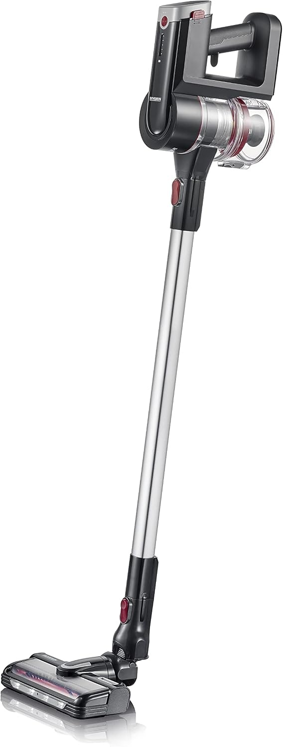 SEVERIN 2-in-1 stick- en handstofzuiger, krachtige batterijstofzuiger, draadloze stofzuiger met batterijduur tot 60 minuten inclusief vervangbare batterij, matzwart/rood, HV 7168