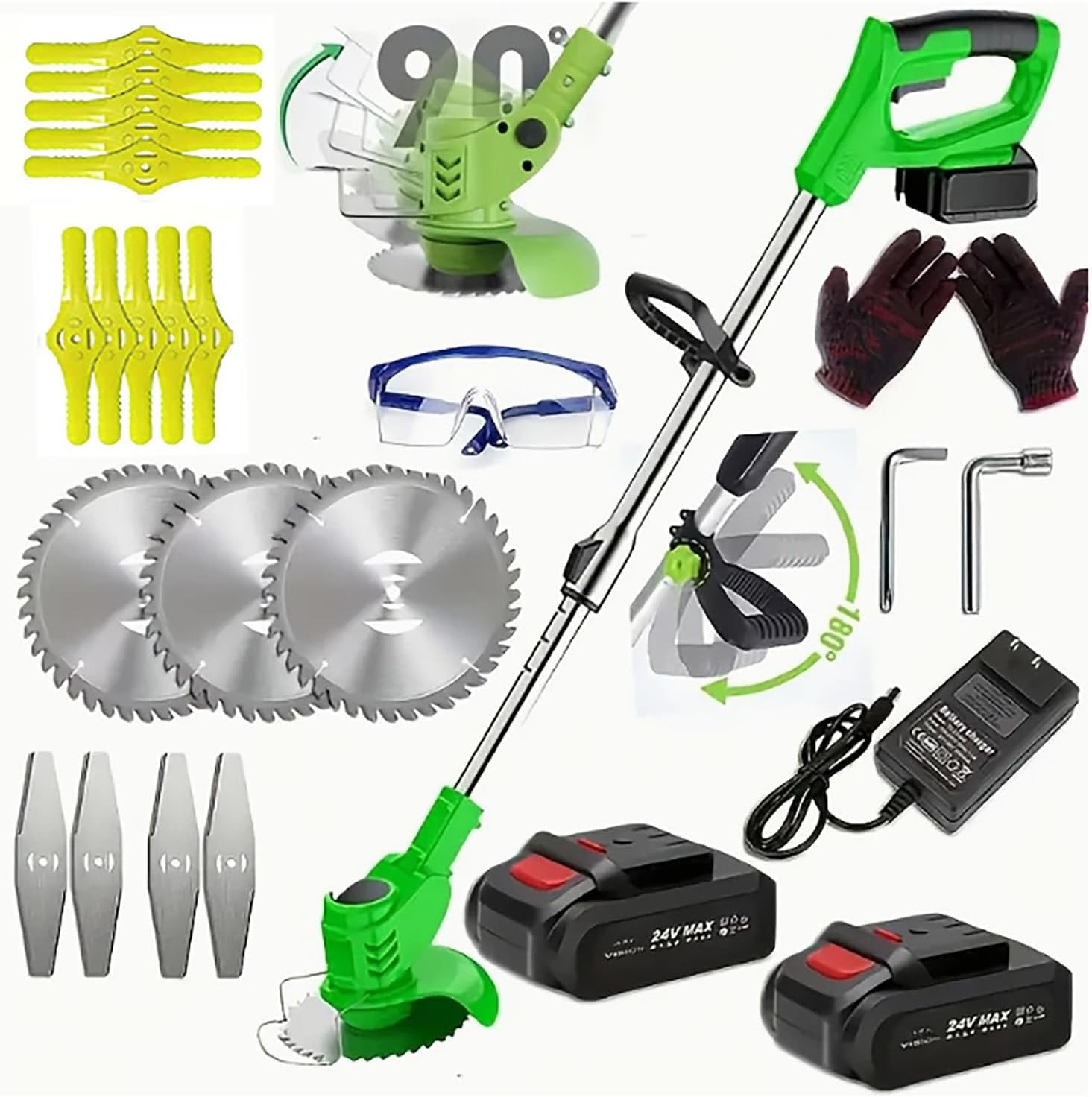 Accu-grastrimmer 24V - 500W | Verstelbare Kop & 3 Messen | Groen