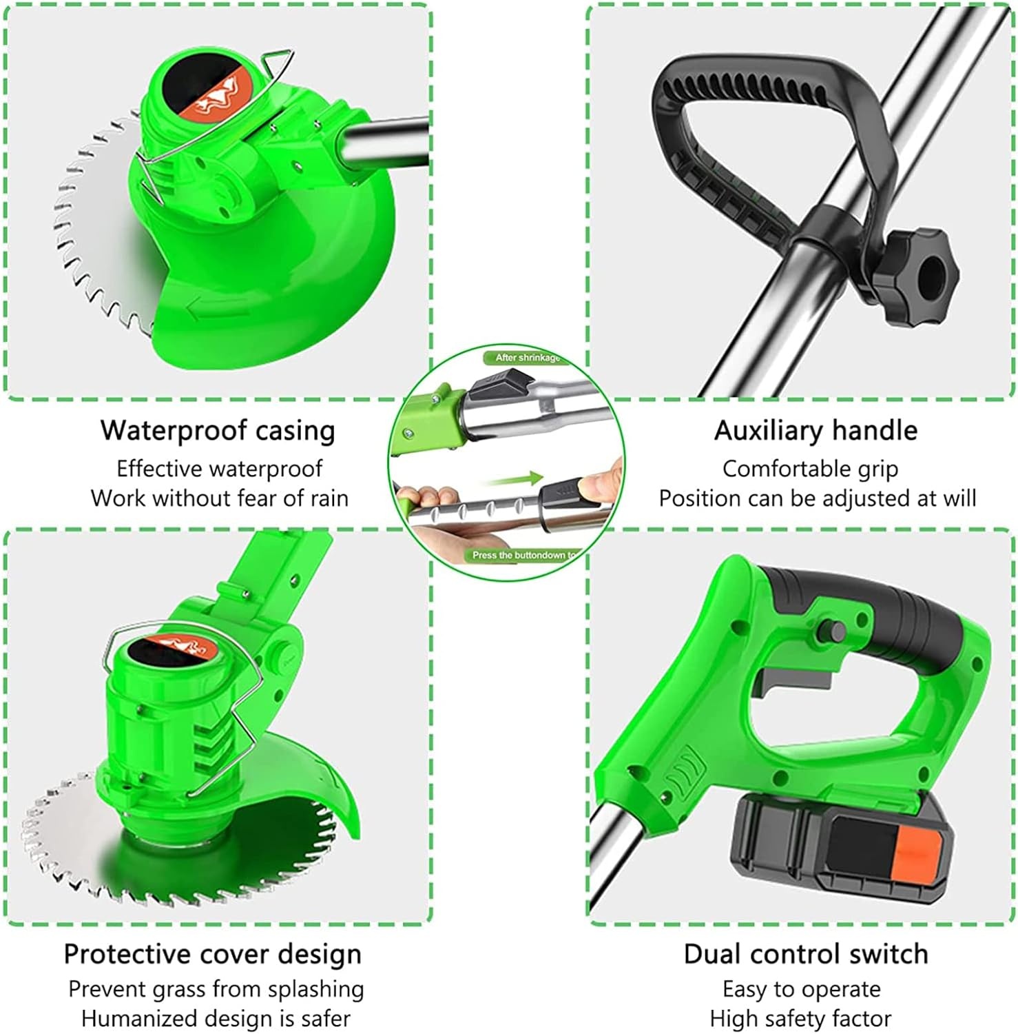 Accu-grastrimmer 24V - 500W | Verstelbare Kop & 3 Messen | Groen