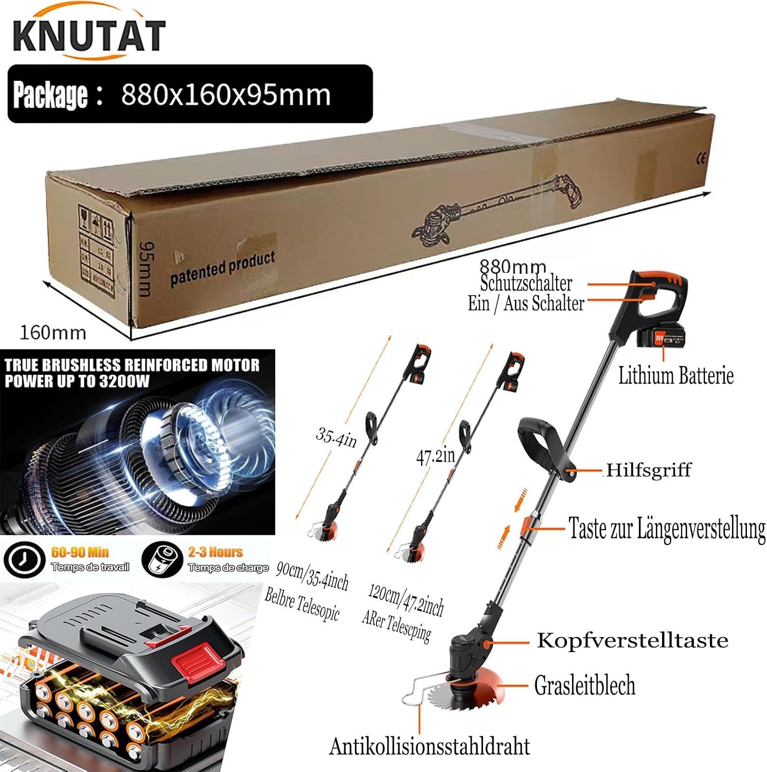 Accu-grastrimmer 24V - 500W | Verstelbare Kop & 3 Messen | Groen