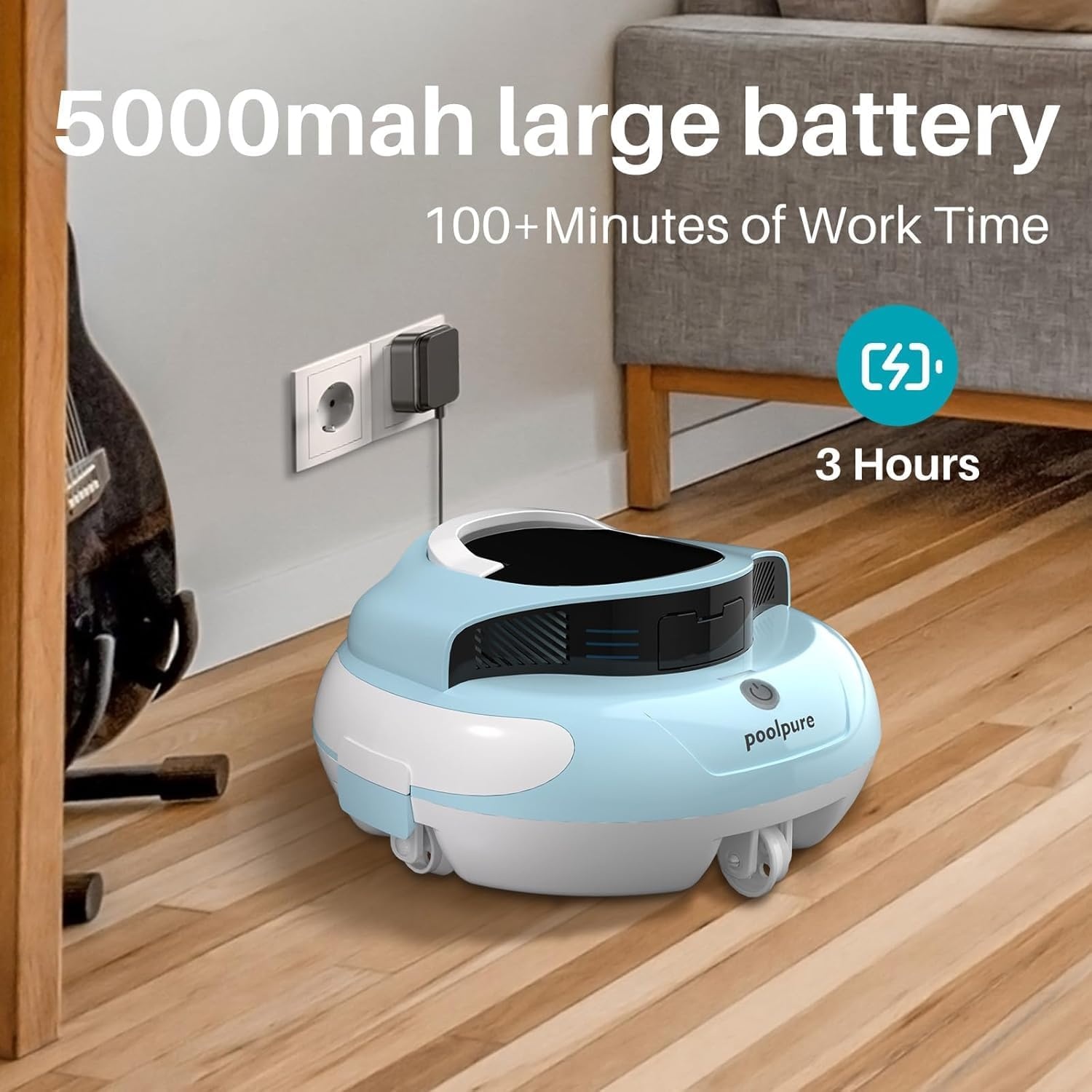 POOLPURE Zwemrobot, 100 minuten krachtige reiniging, draadloze zwembadstofzuiger accu met zelfparkeerfunctie, led-indicatoren, IPX8 waterdicht, ideaal voor zwembaden van 90 m² met platte bodem, blauw