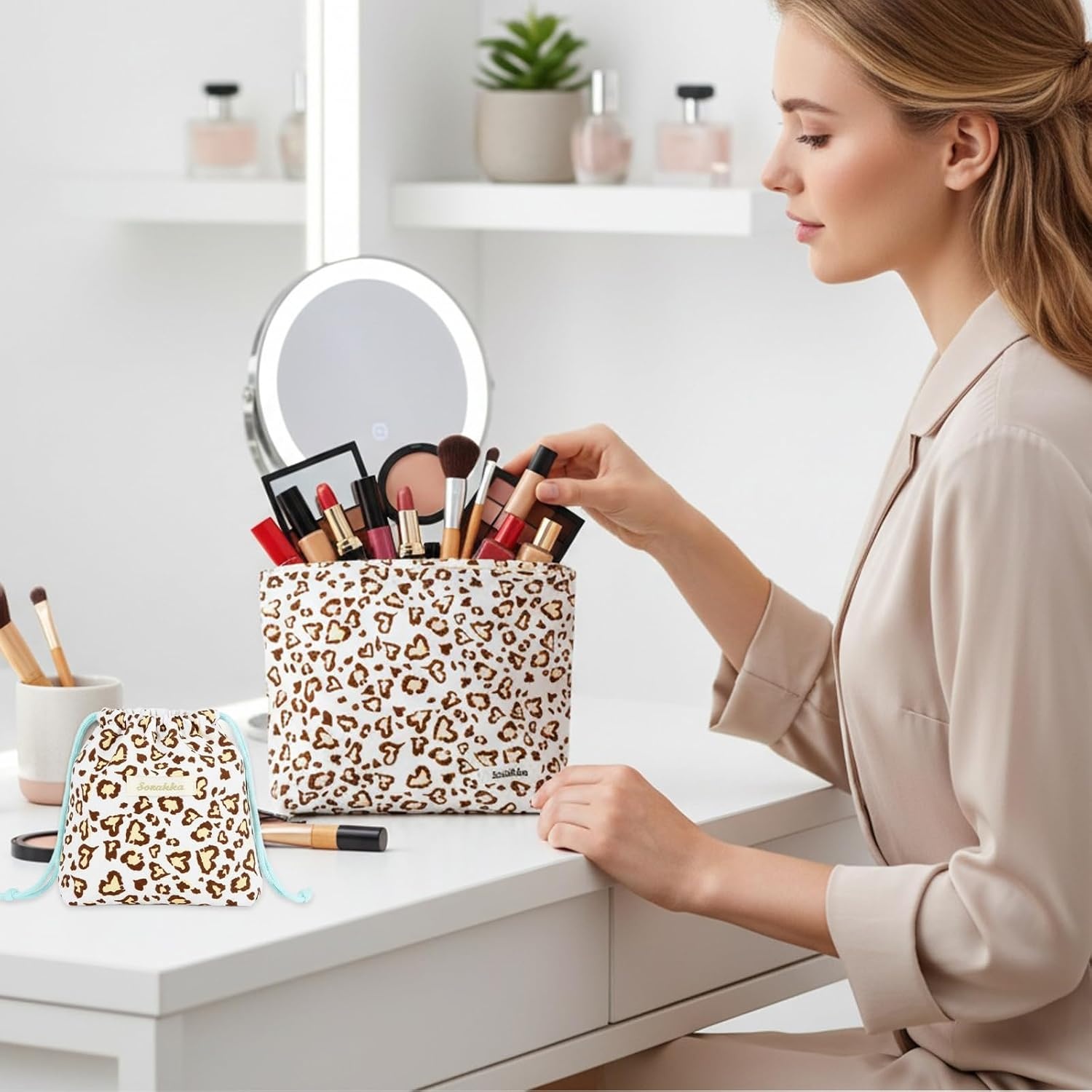 2-delige Make-uptas Set Luipaardprint Bruin Beige - 58% Korting