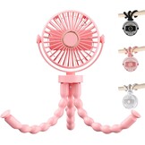 Draagbare USB-ventilator multi-scène, flexibel, met zuignap en ophangfunctie, 3 snelheden en 360° rotatie, voor kinderwagen, tafel, muur, auto (roze)