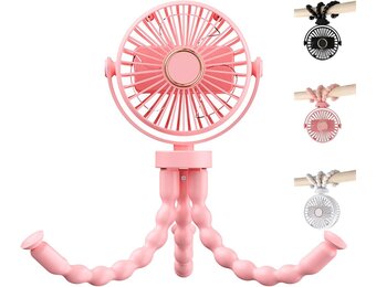Draagbare USB-ventilator multi-scène, flexibel, met zuignap en ophangfunctie, 3 snelheden en 360° rotatie, voor kinderwagen, tafel, muur, auto (roze)