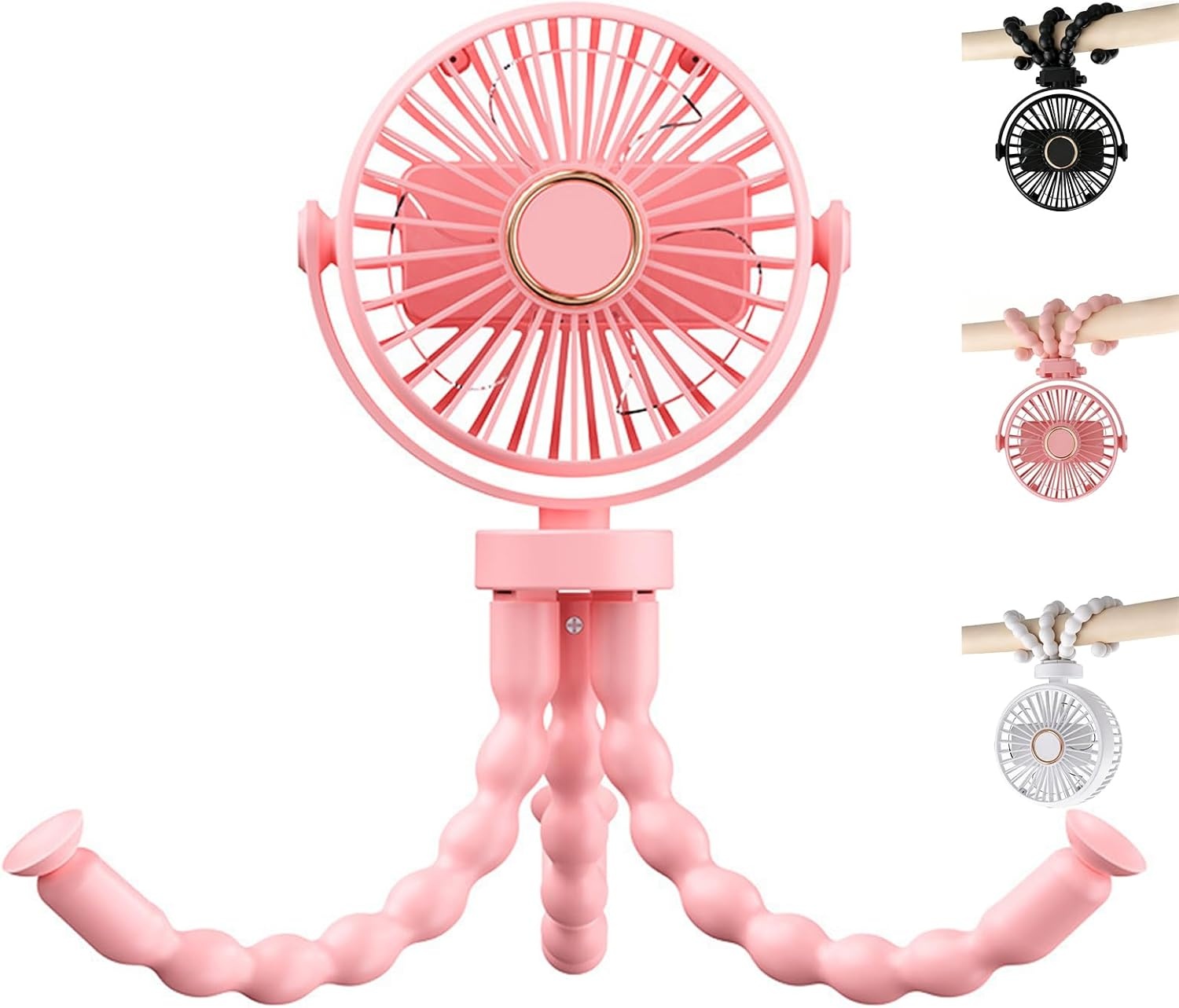 Draagbare USB-ventilator multi-scène, flexibel, met zuignap en ophangfunctie, 3 snelheden en 360° rotatie, voor kinderwagen, tafel, muur, auto (roze)