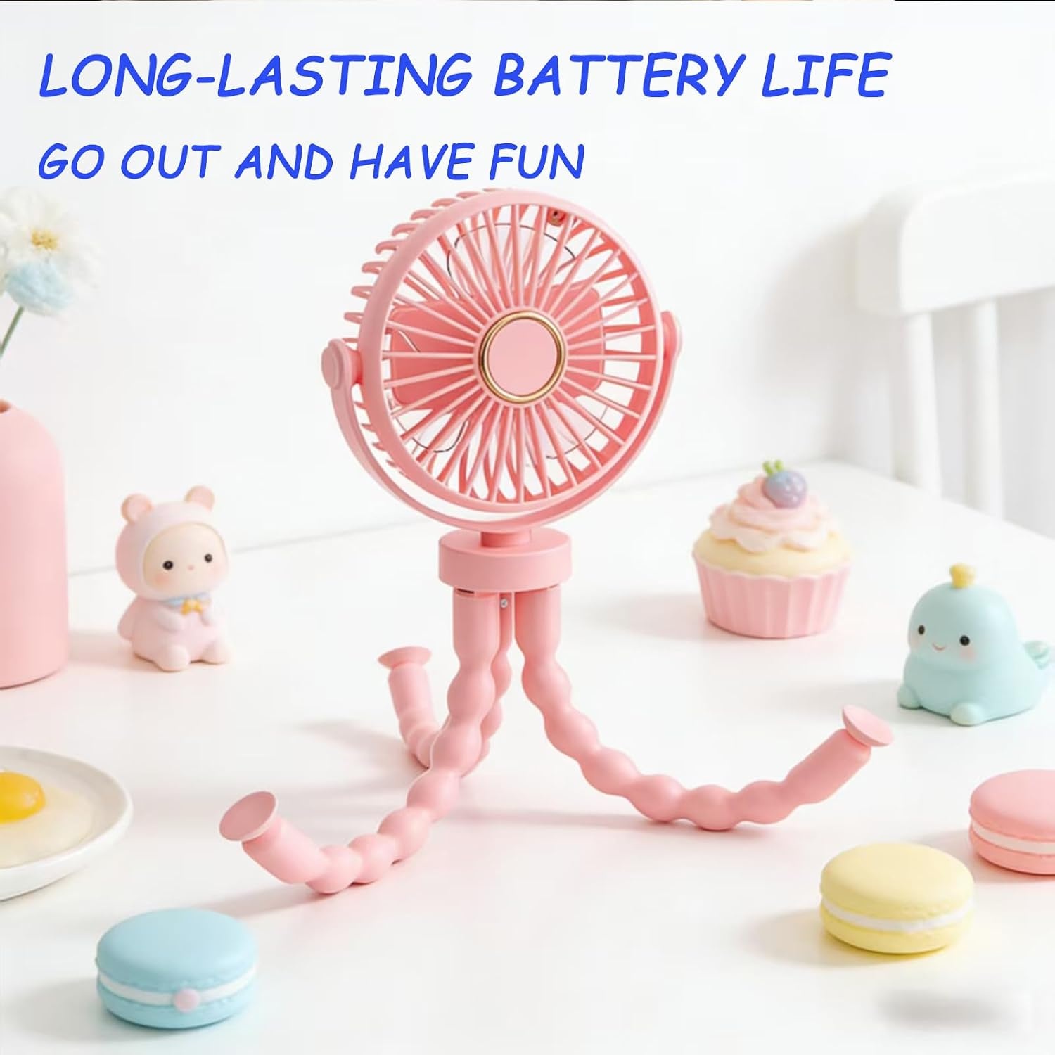 Draagbare USB-ventilator multi-scène, flexibel, met zuignap en ophangfunctie, 3 snelheden en 360° rotatie, voor kinderwagen, tafel, muur, auto (roze)