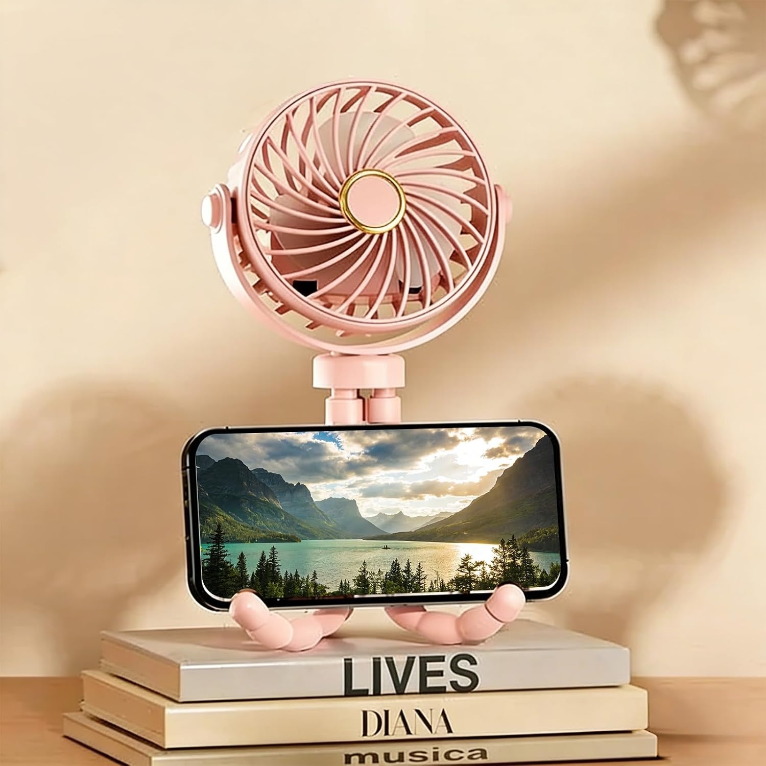 Draagbare USB-ventilator multi-scène, flexibel, met zuignap en ophangfunctie, 3 snelheden en 360° rotatie, voor kinderwagen, tafel, muur, auto (roze)