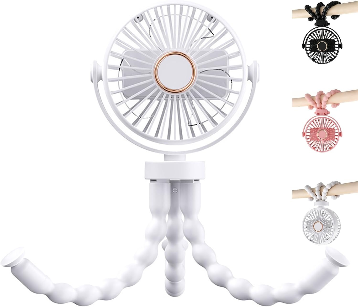 Draagbare USB-ventilator multi-scène, flexibel, met zuignap en ophangfunctie, 3 snelheden en 360° rotatie, voor kinderwagen, tafel, muur, auto (roze)
