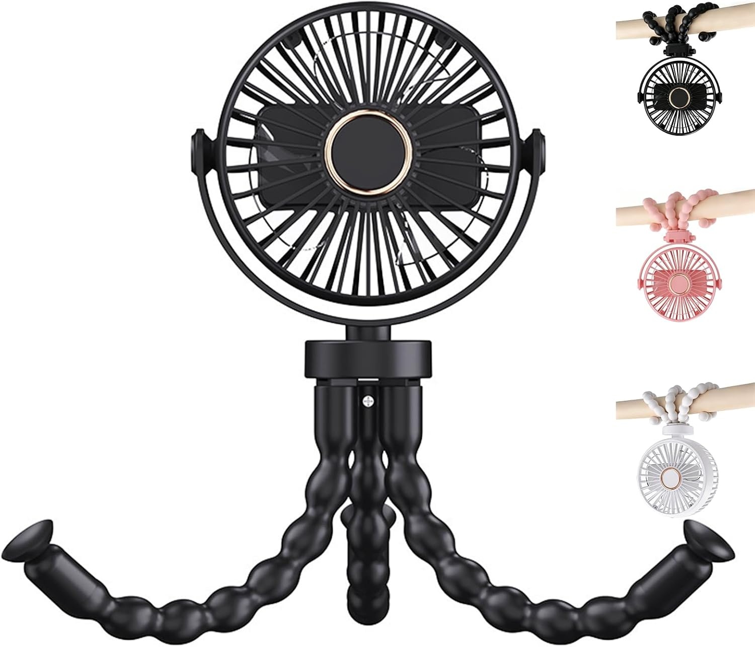Draagbare USB-ventilator multi-scène, flexibel, met zuignap en ophangfunctie, 3 snelheden en 360° rotatie, voor kinderwagen, tafel, muur, auto (roze)