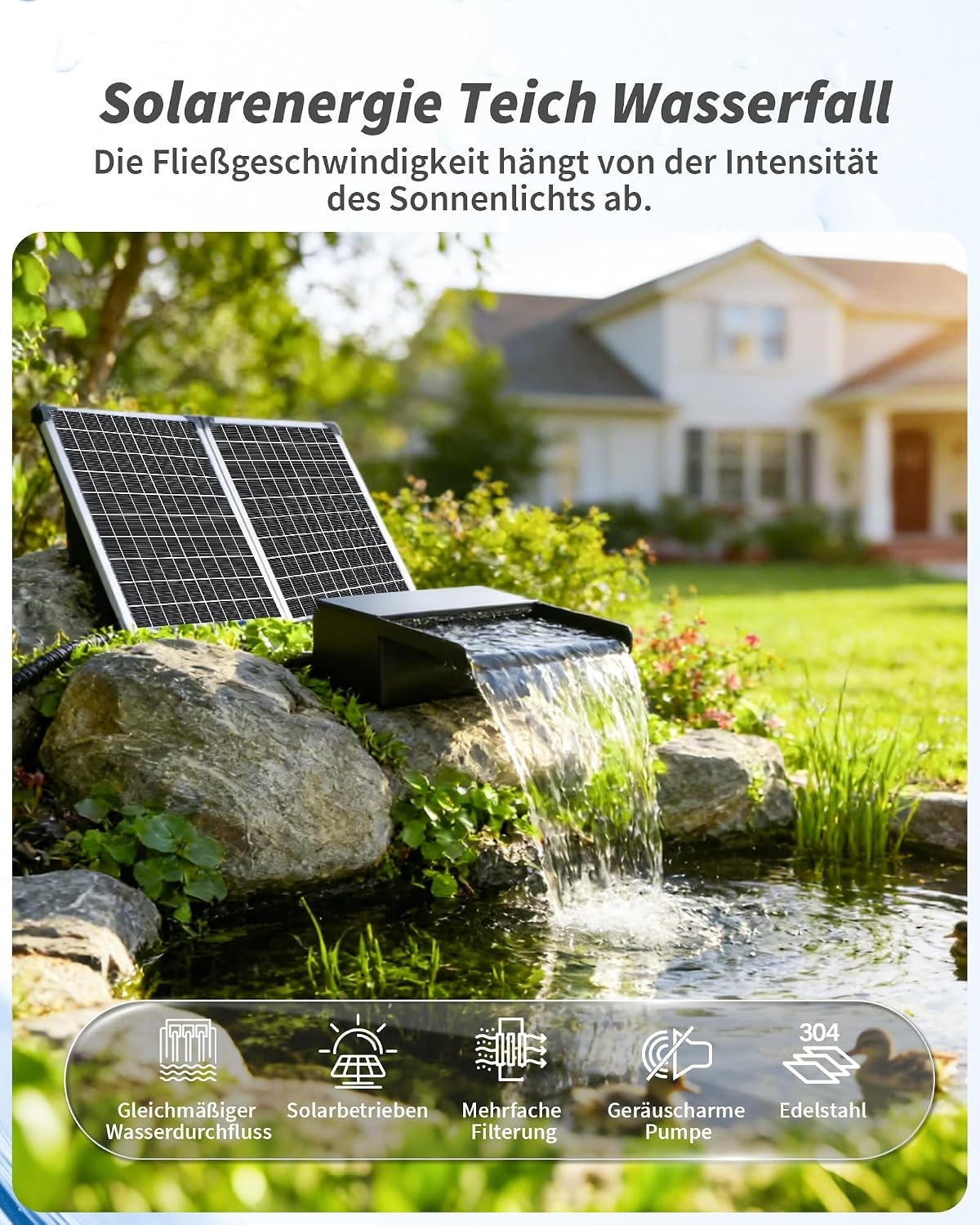 Zonne-watervalset Tuinvijver | 55W Zonnepaneel | 20cm RVS | 35% Korting