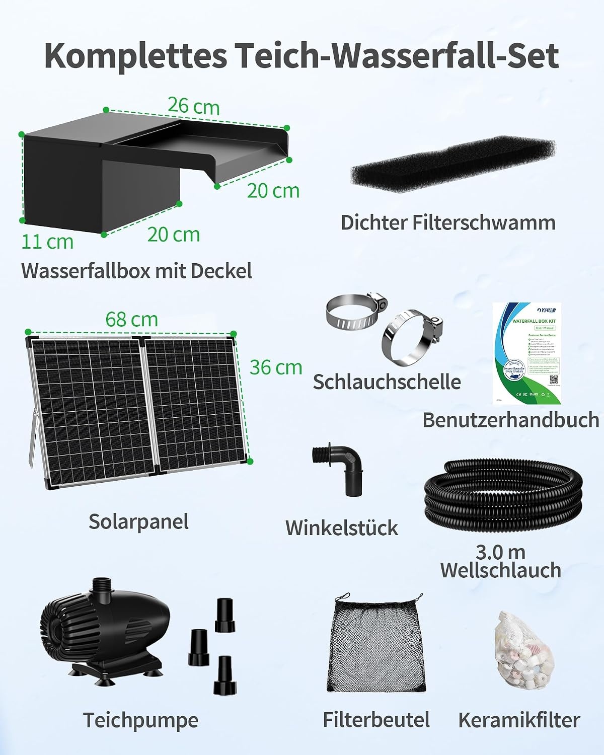 Zonne-watervalset Tuinvijver | 55W Zonnepaneel | 20cm RVS | 35% Korting