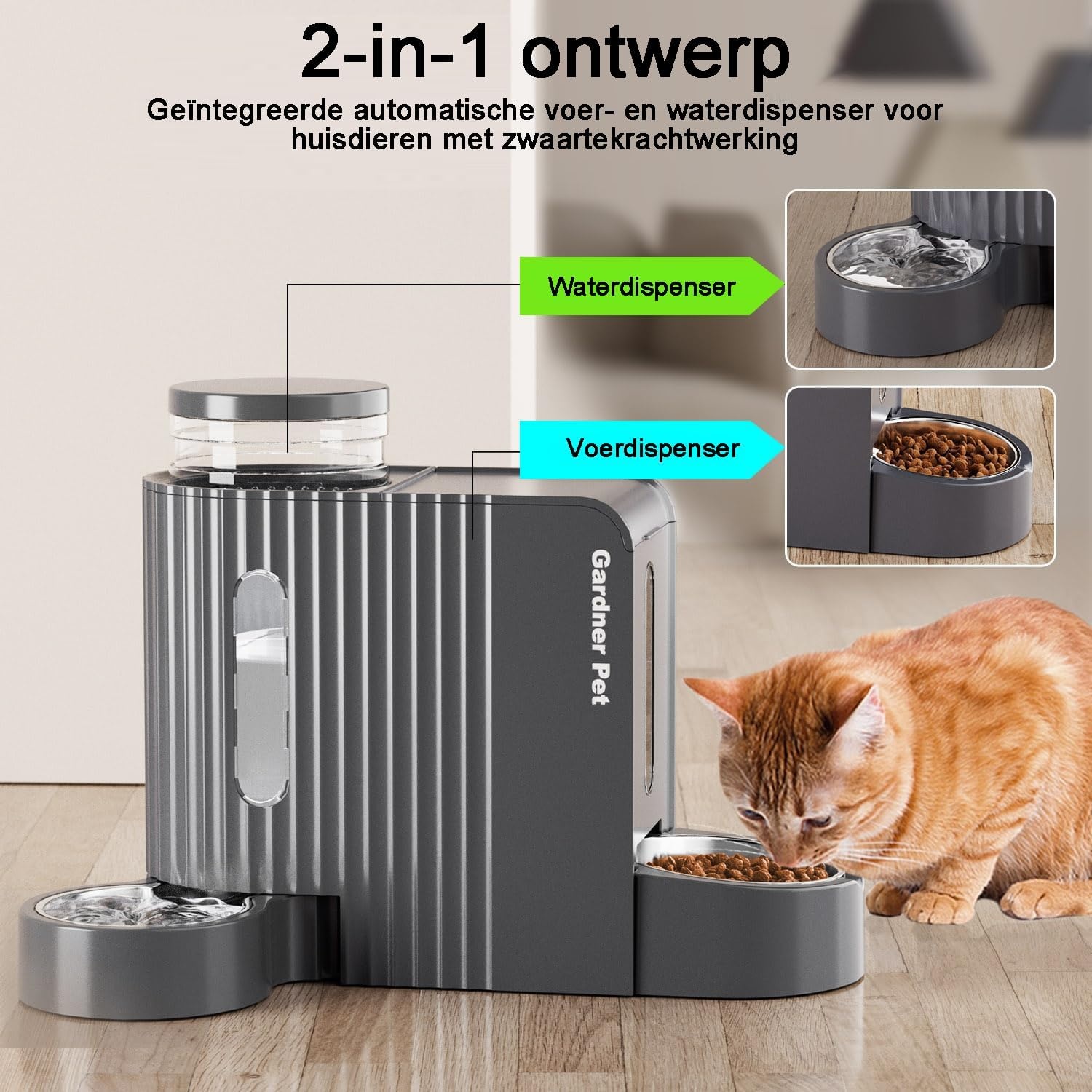 Gardner Pet Automatische zwaartekracht kattenvoerbak en waterdispenser, roestvrij staal, twee-in-één set, dispenser met grote capaciteit voor huisdieren, honden, puppy's, kittens, konijnen