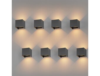 K-Bright 8 Stuks LED Wandlampen Binnen/Buiten 12W Wandlamp OP EN Neer Verstelbare Lichtstraal, 3000K Warm Wit Buiten Wandlamp IP65 Voor Woonkamer Slaapkamer Balkon, Donkergrijs