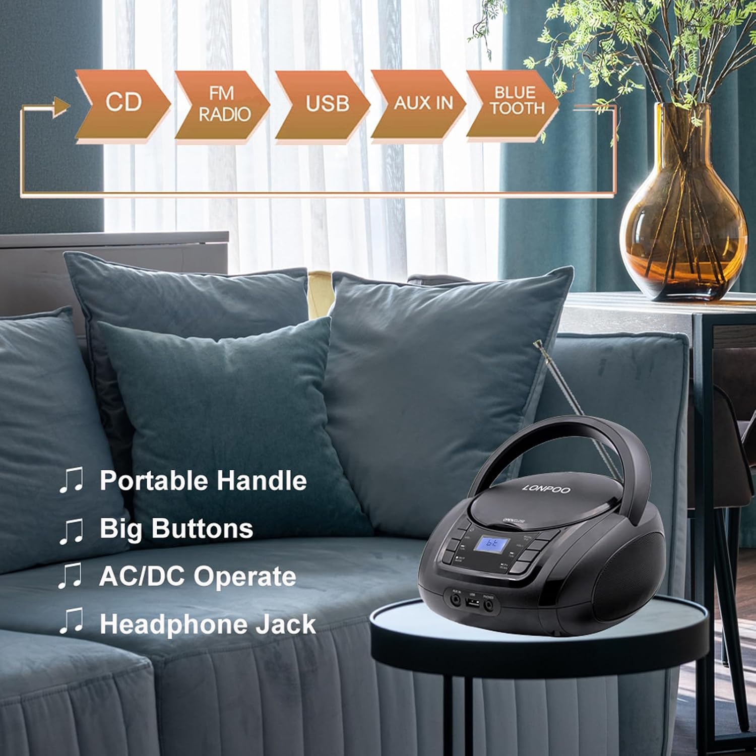 LP-D03 Draagbare FM-radio met Bluetooth, stereo, met kristalhelder geluid, MP3-afspelen, USB- en AUX-ingang, hoofdtelefoonaansluiting, lcd-display