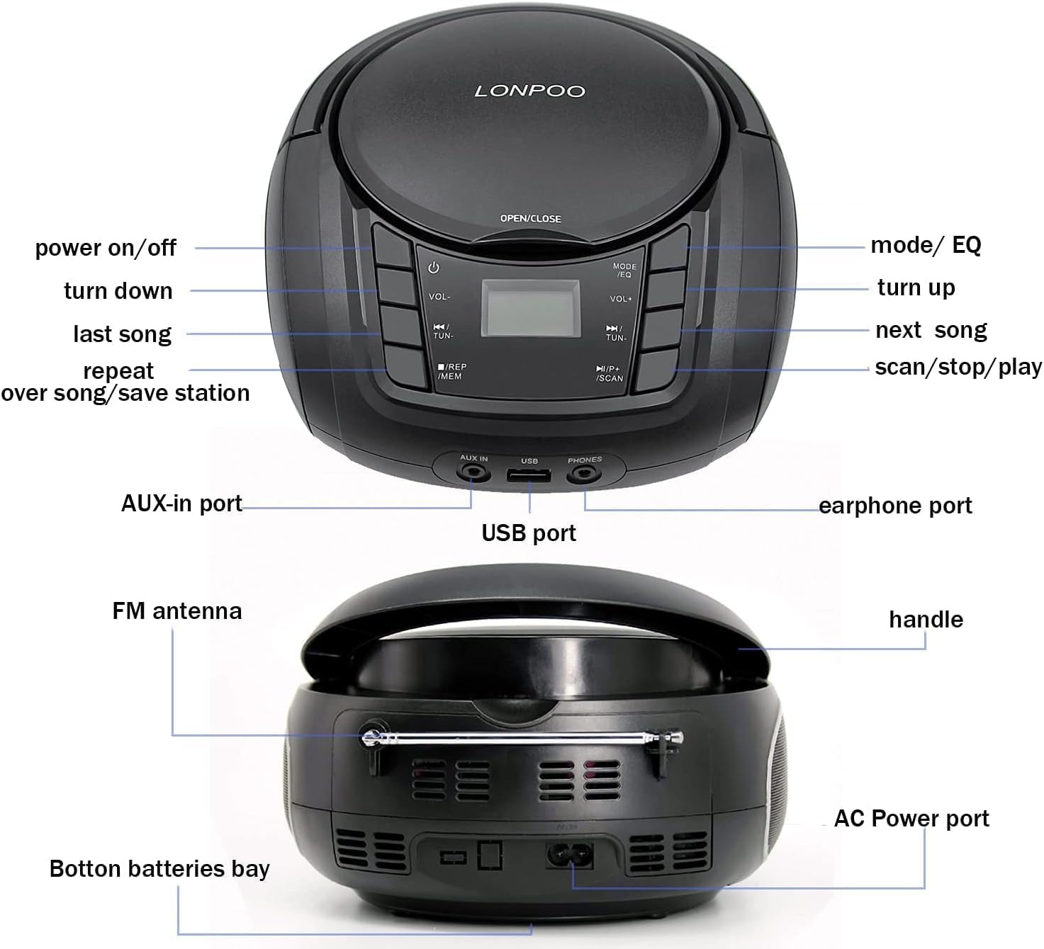 LP-D03 Draagbare FM-radio met Bluetooth, stereo, met kristalhelder geluid, MP3-afspelen, USB- en AUX-ingang, hoofdtelefoonaansluiting, lcd-display