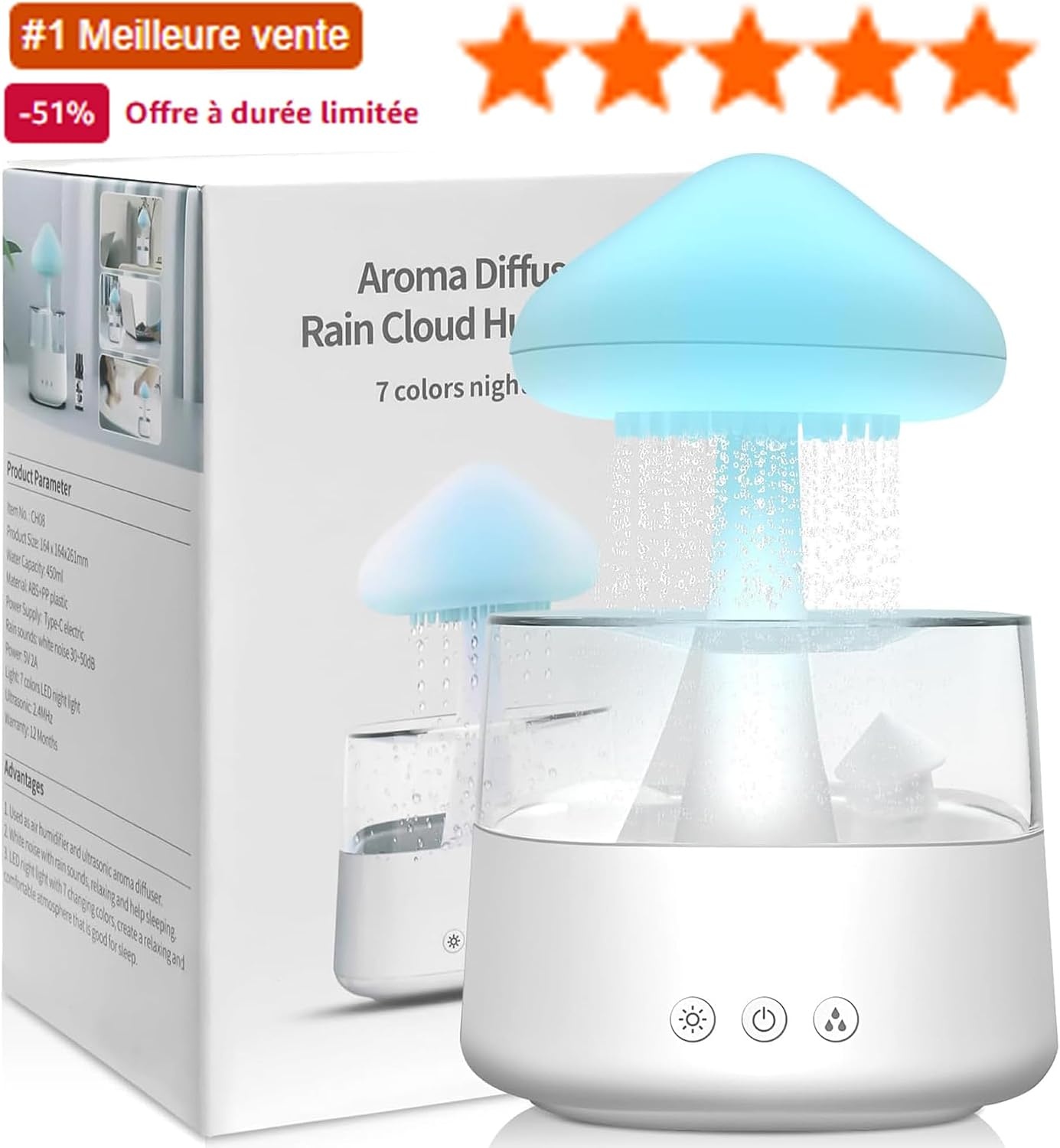 Regenwolk Luchtbevochtiger & Diffuser met LED - 450ml