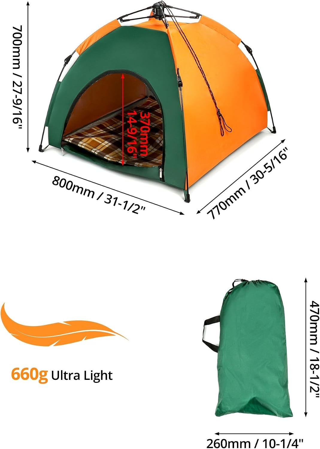 QWORK® Opvouwbare huisdierentent voor kleine tot middelgrote honden & katten, 80 x 77 x 70 cm, ingang 37 cm, waterafstotende pop-up tent met kussen — Niet voor grote honden