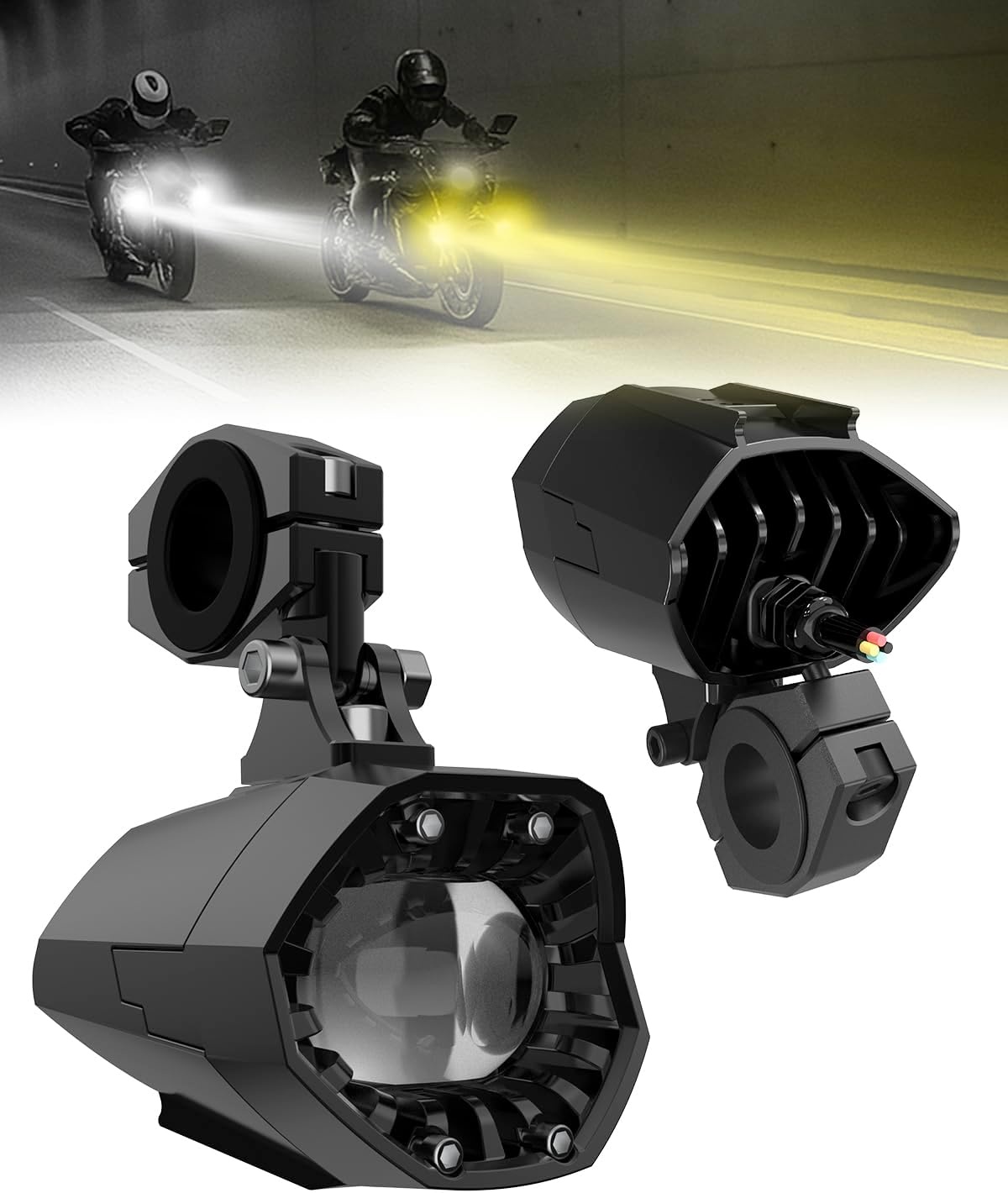 SUPAREE Motorcycle Headlight LED 12V Motorcycle Floodlights LED Motorcycle Extra LED Lights with Bracket Universal 7800LM 6500K IP68 for Motorcycle ATV SUV Truck 2 Pieces (E-mark) Yellow & Cool White