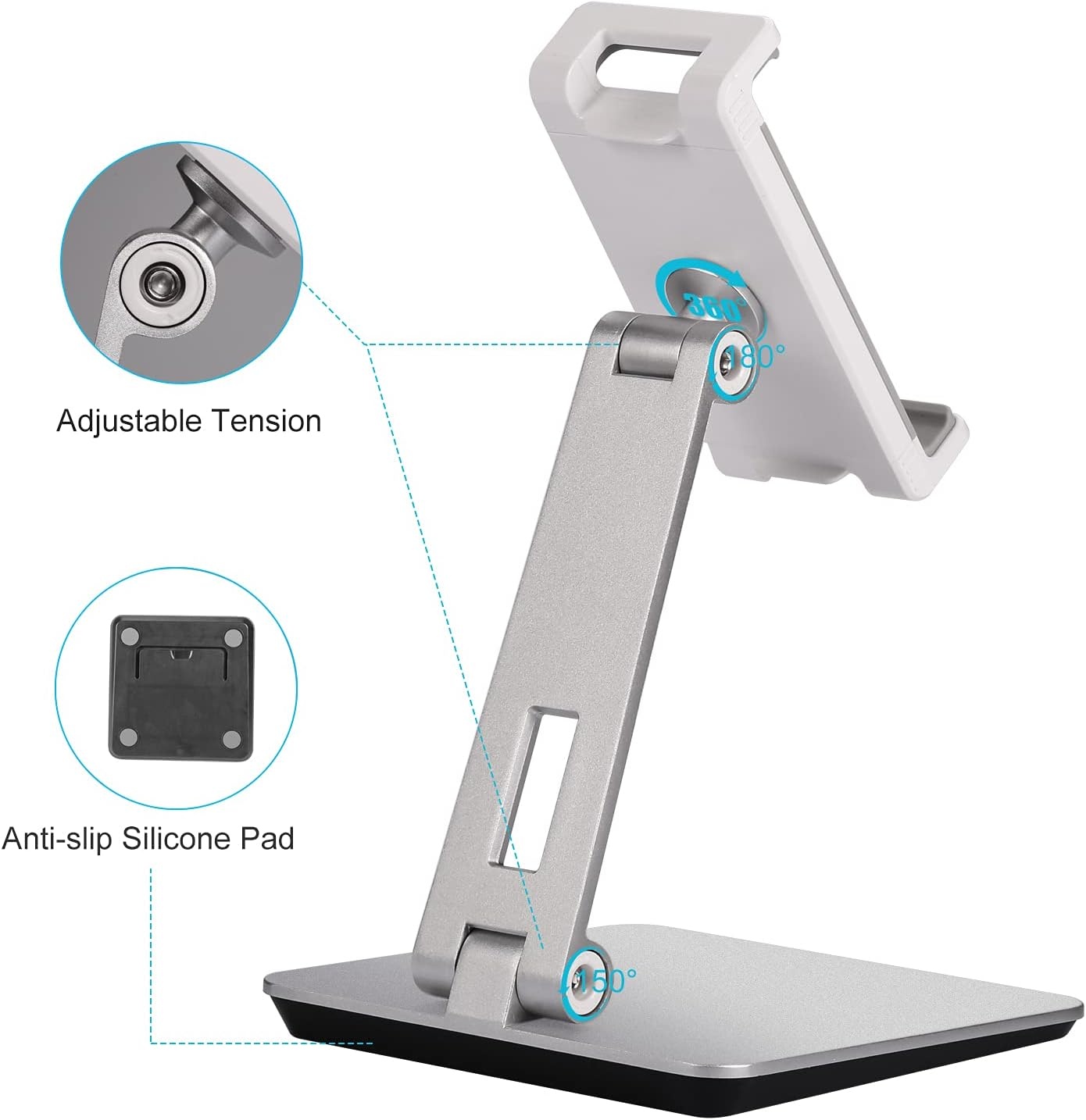 Tabletstandaard, verstelbaar en opvouwbaar, 360° draaibare zware aluminium tablethouder voor bureau, compatibel met iPad Pro/Air/Mini, Galaxy Tab, Surface Pro, Kindle Fire (7-13 inch) (zilver)