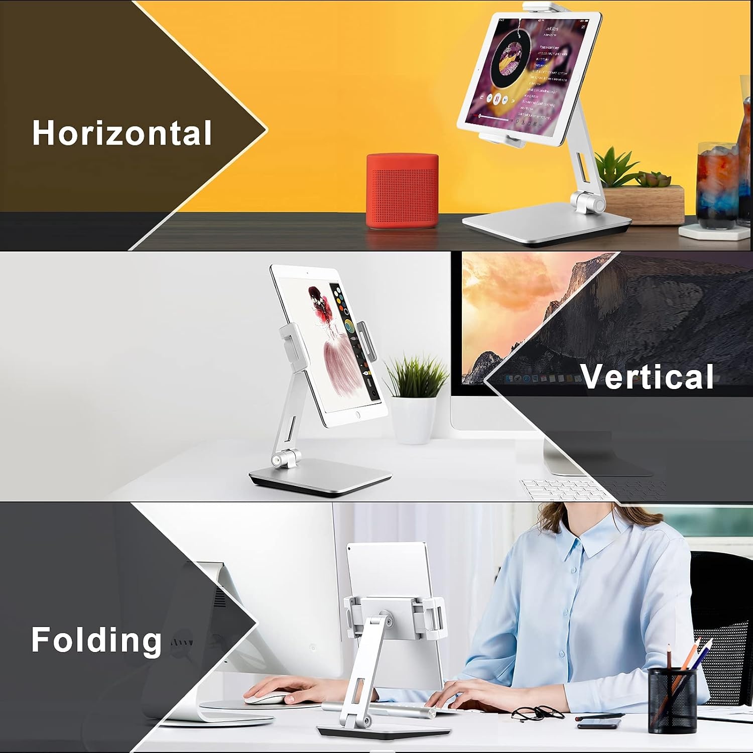 Tabletstandaard, verstelbaar en opvouwbaar, 360° draaibare zware aluminium tablethouder voor bureau, compatibel met iPad Pro/Air/Mini, Galaxy Tab, Surface Pro, Kindle Fire (7-13 inch) (zilver)
